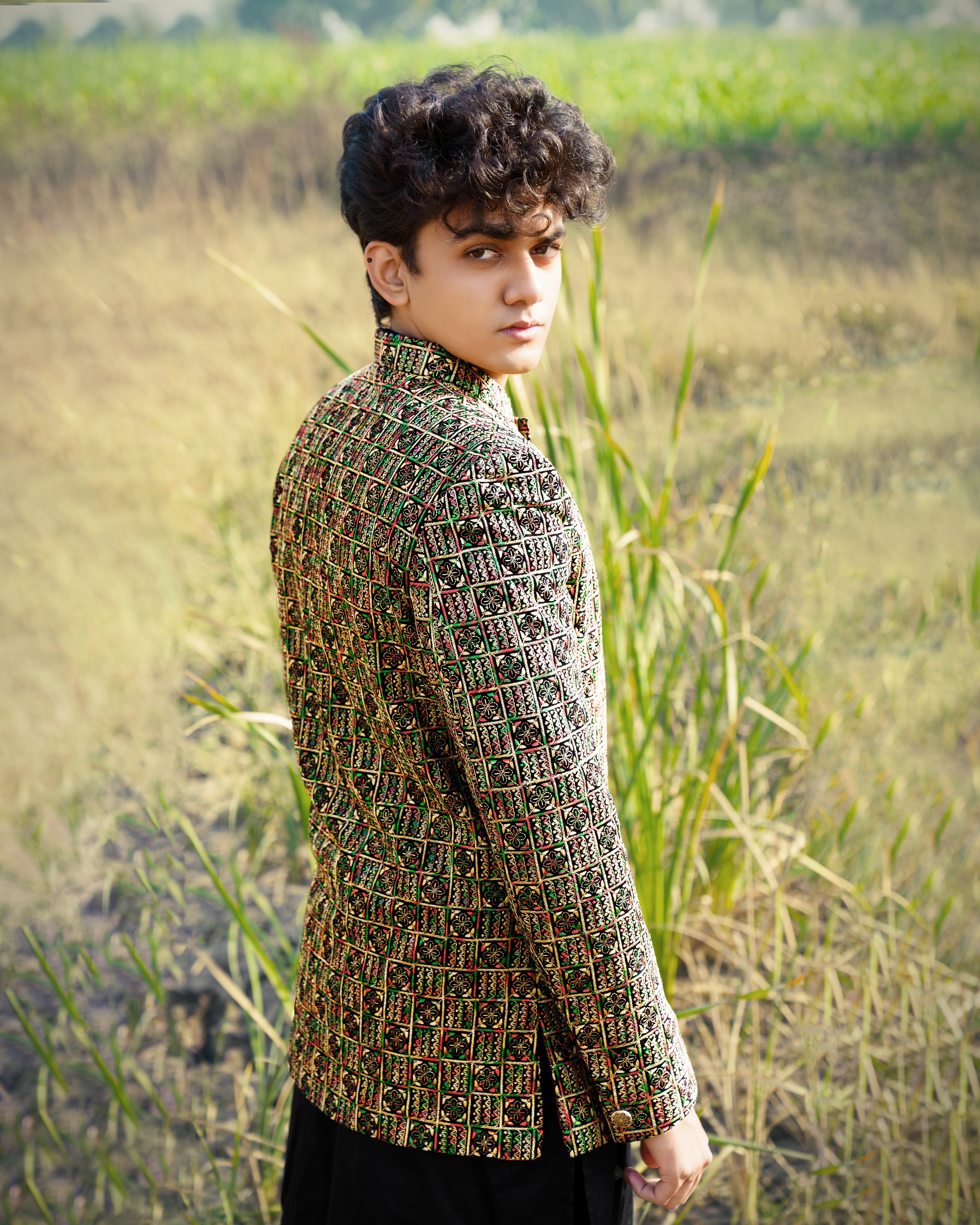 Tulip Tree Yellow with Jade Black Multicoloured Cotton Embroidered Thread Work Bandhgala Sherwani with Kurta and Pyjama