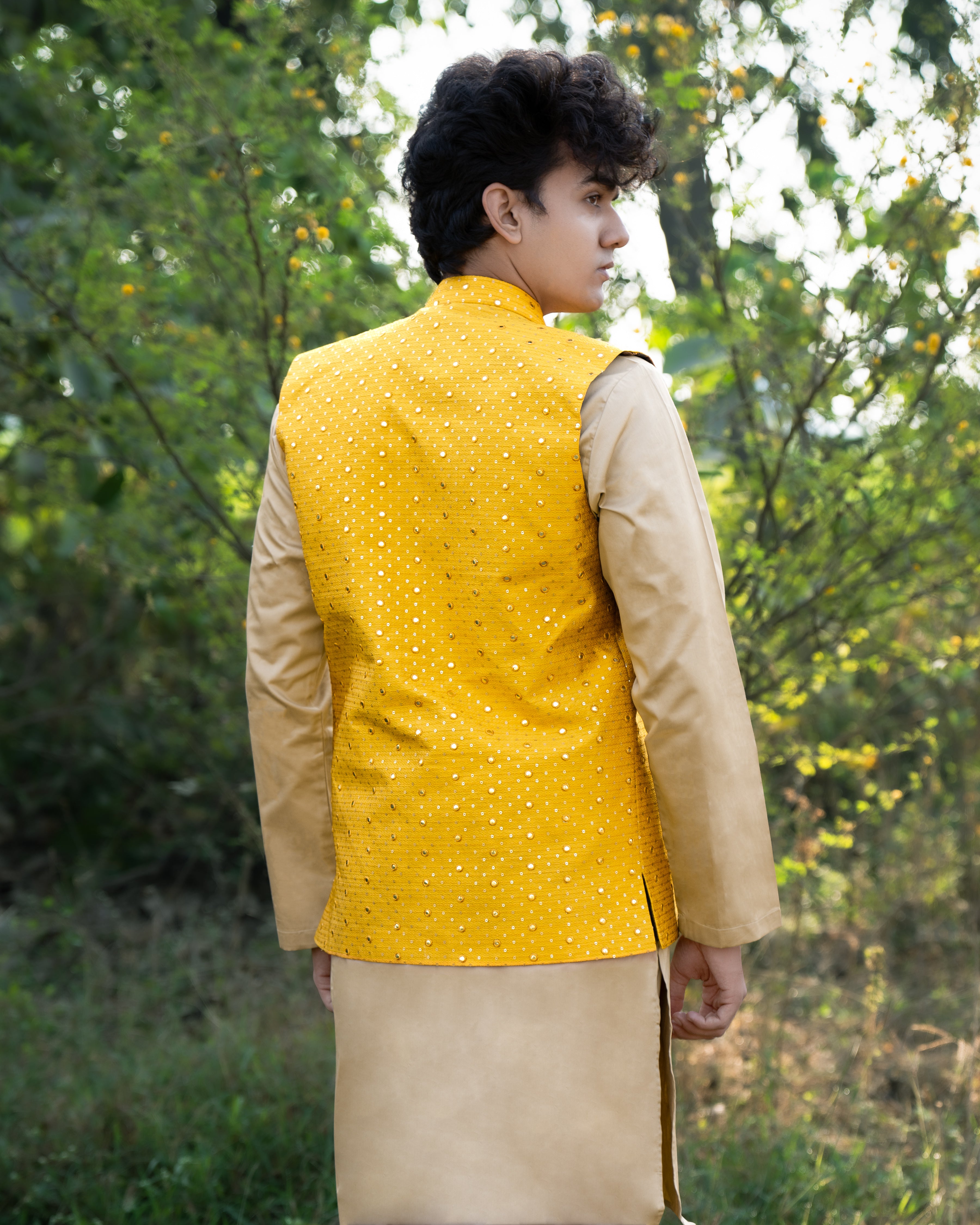 Sunglow Yellow Half-Sleeved Embroidered Work Jacket with Heathered Brown Kurta, Pajama