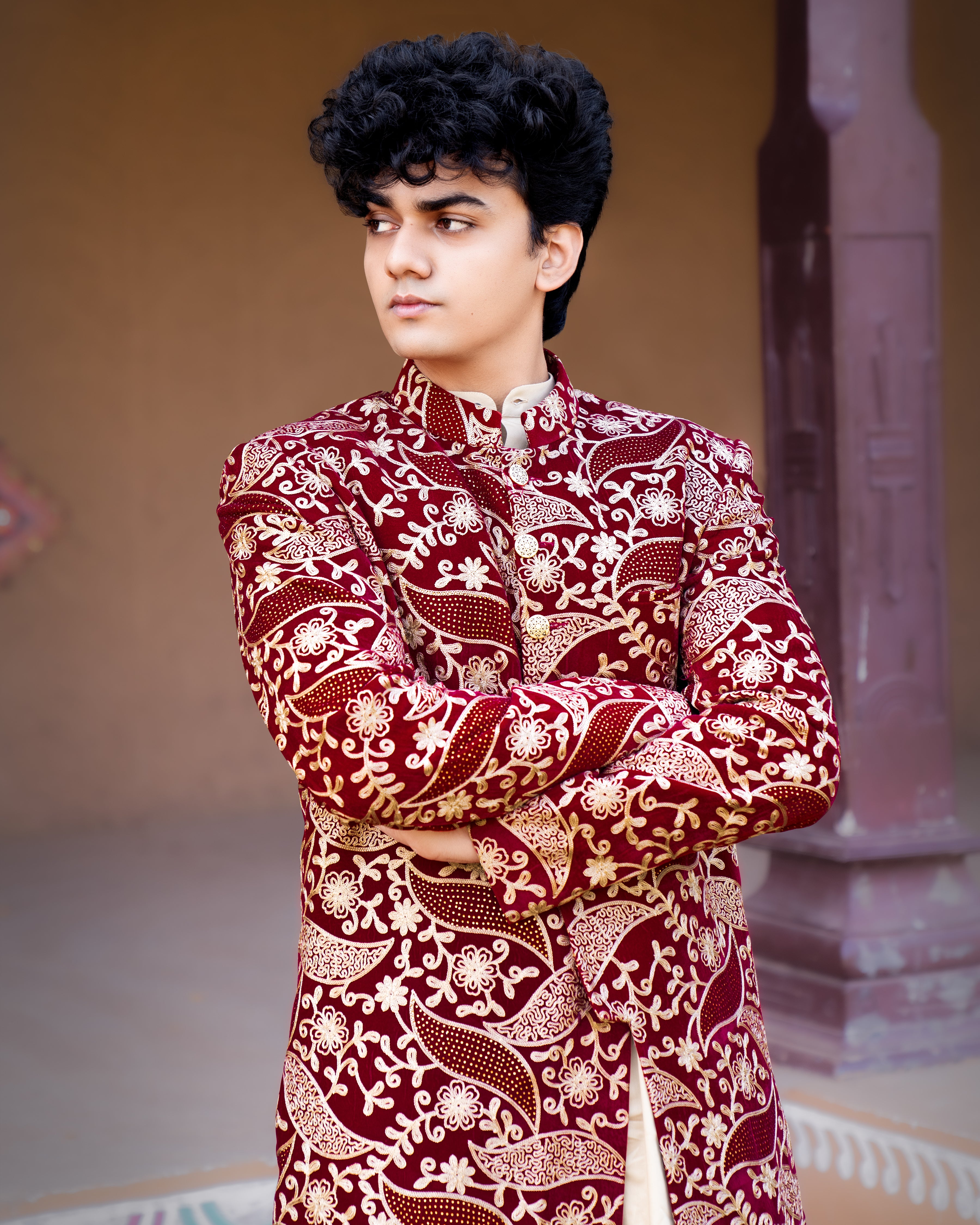 Scarlet Maroon with Beaver Brown Velvet Tikki Work with Cotton Embroidered Thread Work Bandhgala Sherwani SHR005-SRW07-36, SHR005-SRW07-38, SHR005-SRW07-40, SHR005-SRW07-42, SHR005-SRW07-44, SHR005-SRW07-46, SHR005-SRW07-48, SHR005-SRW07-50, SHR005-SRW07-52, SHR005-SRW07-54, SHR005-SRW07-56, SHR005-SRW07-58, SHR005-SRW07-60