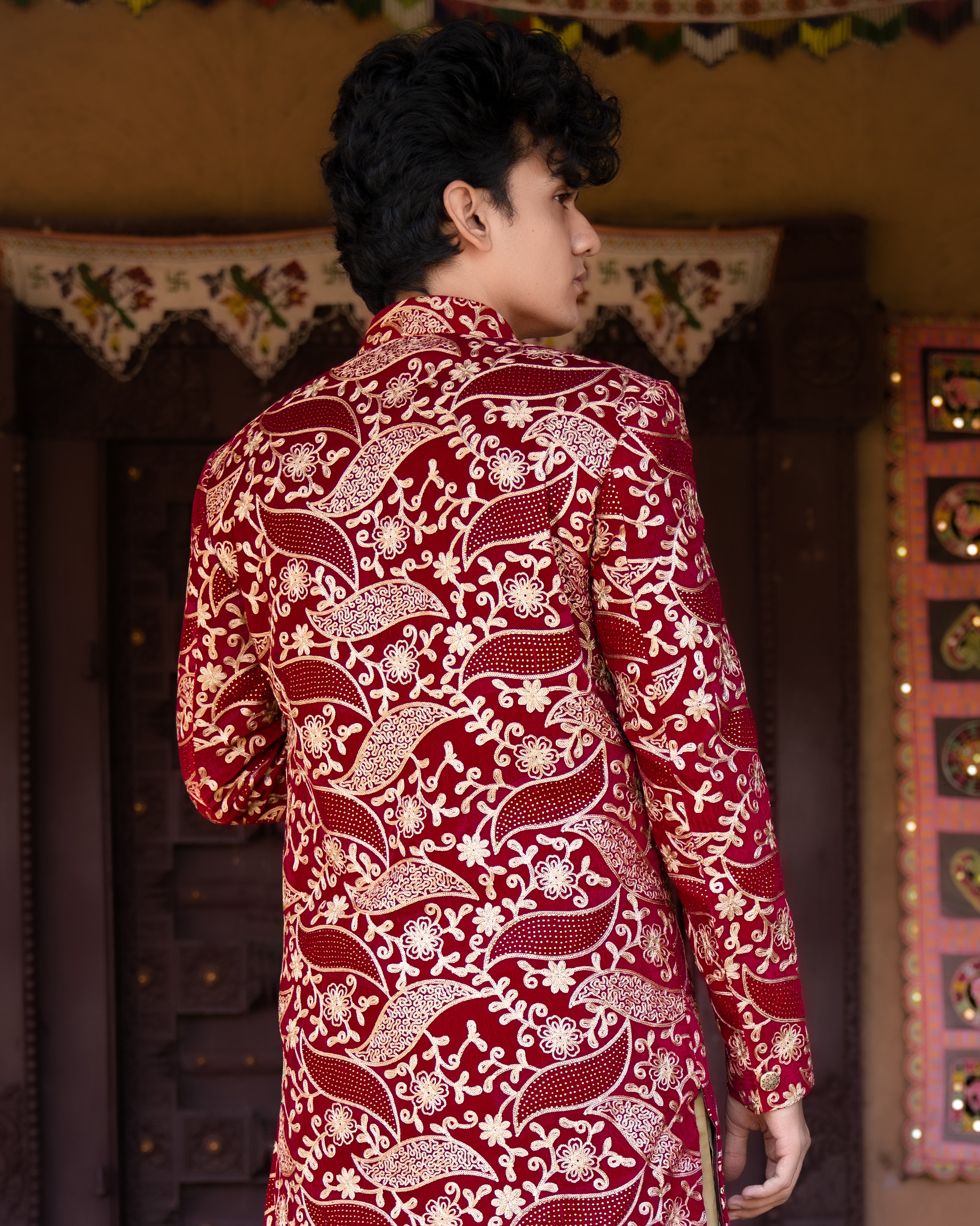 Scarlet Maroon with Beaver Brown Velvet Tikki Work with Cotton Embroidered Thread Work Bandhgala Sherwani SHR005-SRW07-36, SHR005-SRW07-38, SHR005-SRW07-40, SHR005-SRW07-42, SHR005-SRW07-44, SHR005-SRW07-46, SHR005-SRW07-48, SHR005-SRW07-50, SHR005-SRW07-52, SHR005-SRW07-54, SHR005-SRW07-56, SHR005-SRW07-58, SHR005-SRW07-60