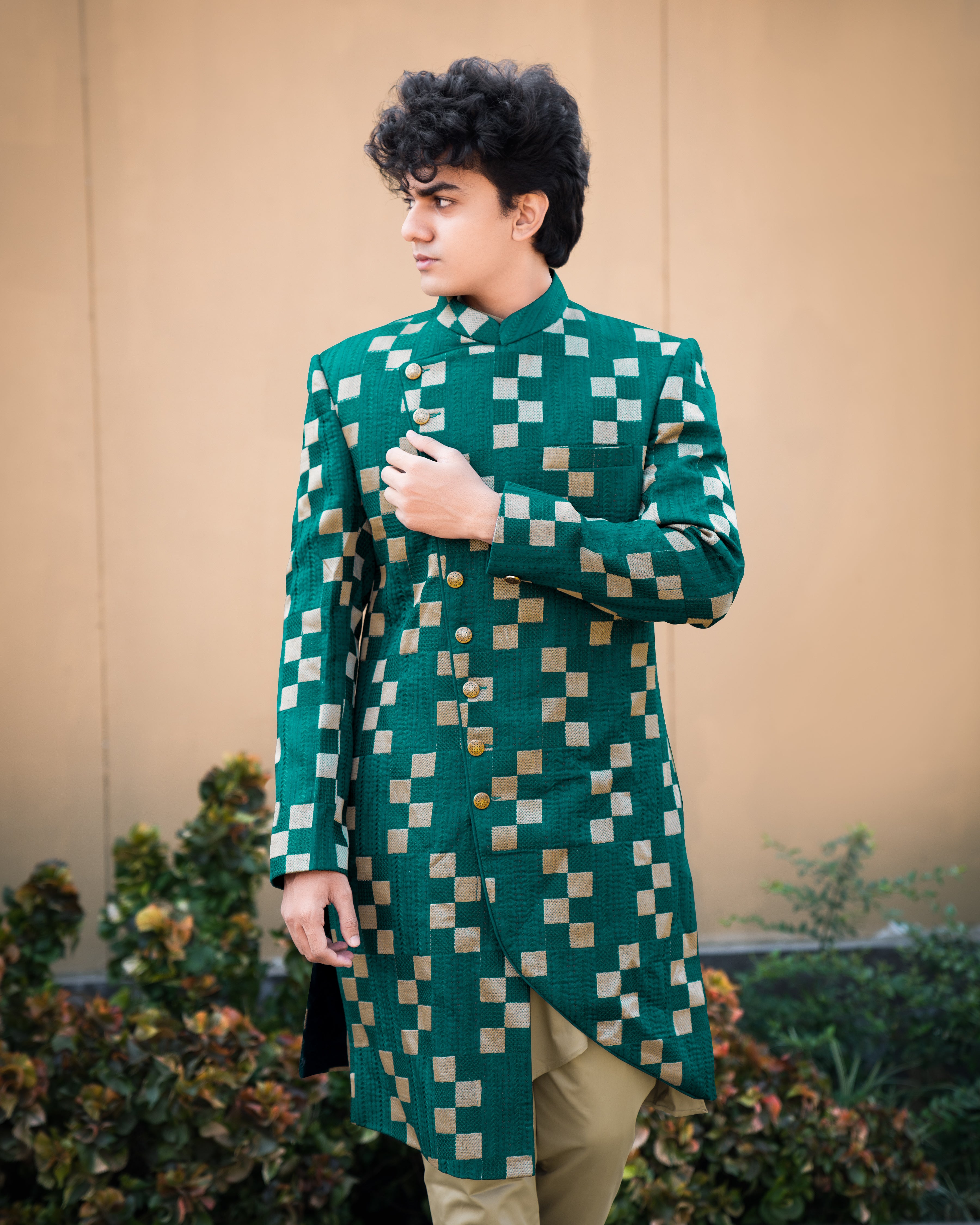 Dark Teal Green with Periglacial Cream Checked Velvet with Cotton Embroidered Thread Work Asymmetrical Patterned Cross Buttoned Bandhgala Sherwani SHR006-SRW05-36, SHR006-SRW05-38, SHR006-SRW05-40, SHR006-SRW05-42, SHR006-SRW05-44, SHR006-SRW05-46, SHR006-SRW05-48, SHR006-SRW05-50, SHR006-SRW05-52, SHR006-SRW05-54, SHR006-SRW05-56, SHR006-SRW05-58, SHR006-SRW05-60