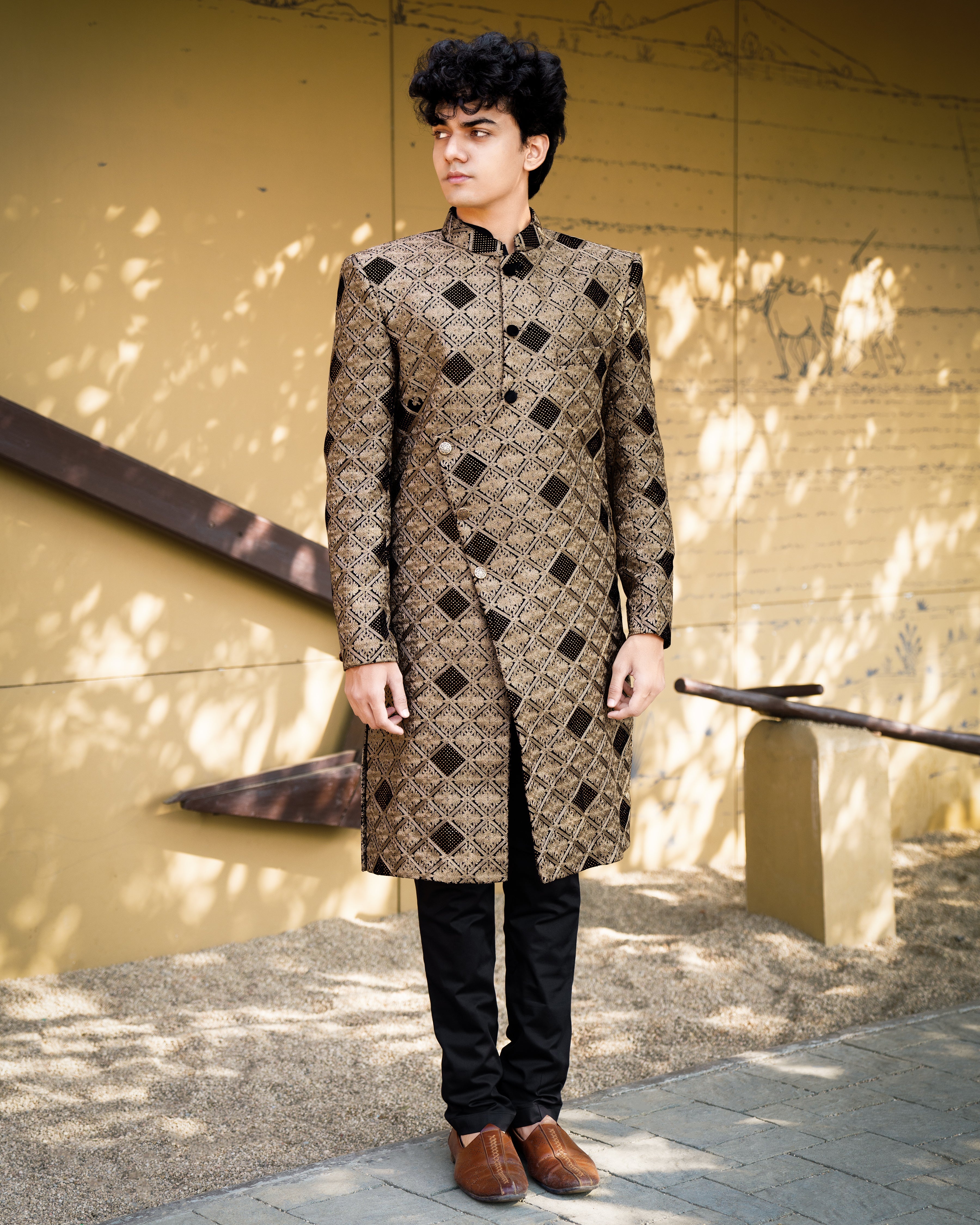 Muesli Brown with Black Velvet Tikki Work with Embroidered Work Sherwani with Kurta, Pajama Set SH008-SRW11-36, SH008-SRW11-38, SH008-SRW11-40, SH008-SRW11-42, SH008-SRW11-44, SH008-SRW11-46, SH008-SRW11-48, SH008-SRW11-50, SH008-SRW11-52, SH008-SRW11-54, SH008-SRW11-56, SH008-SRW11-58, SH008-SRW11-60