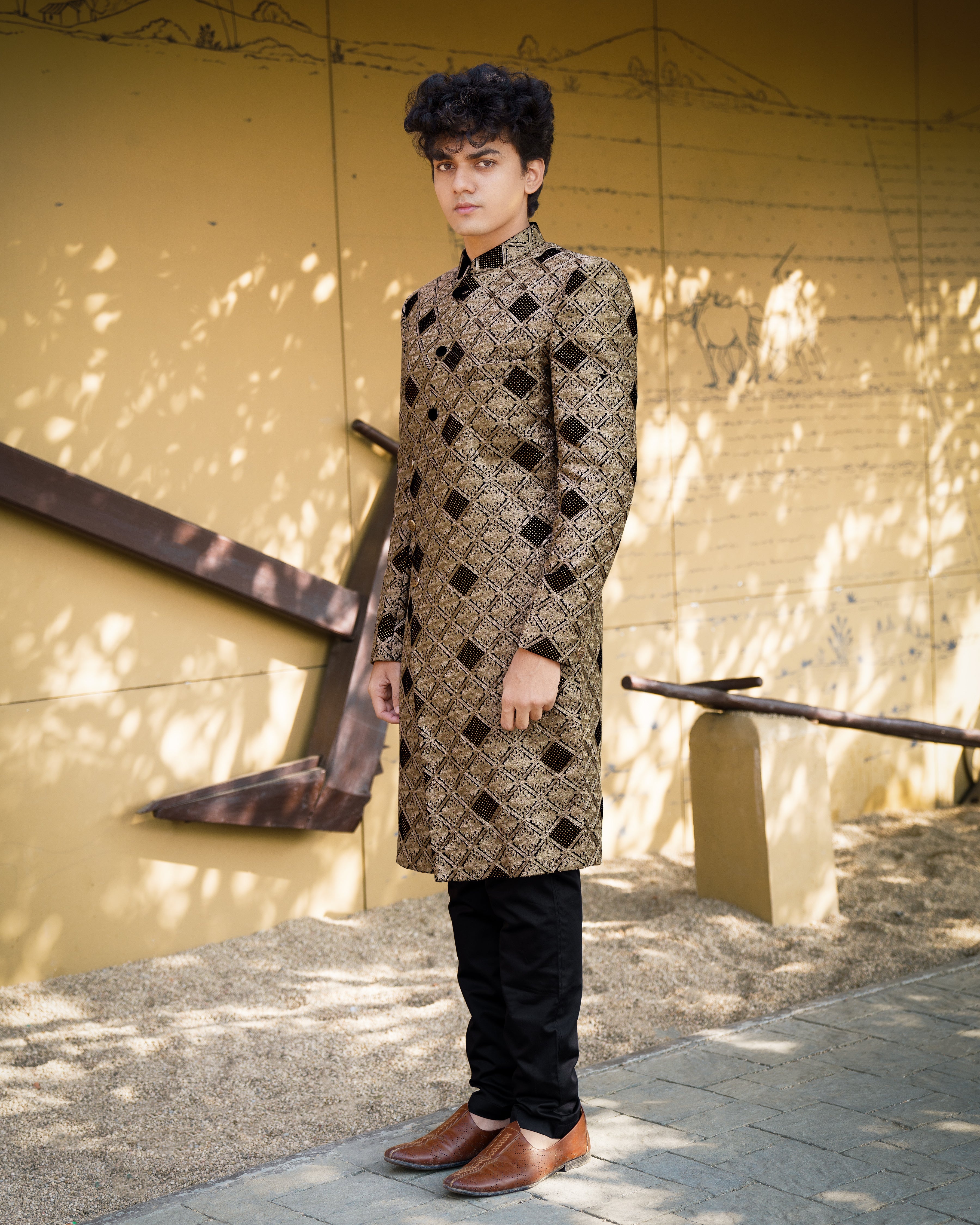 Muesli Brown with Black Velvet Tikki Work with Embroidered Work Sherwani with Kurta, Pajama Set SH008-SRW11-36, SH008-SRW11-38, SH008-SRW11-40, SH008-SRW11-42, SH008-SRW11-44, SH008-SRW11-46, SH008-SRW11-48, SH008-SRW11-50, SH008-SRW11-52, SH008-SRW11-54, SH008-SRW11-56, SH008-SRW11-58, SH008-SRW11-60