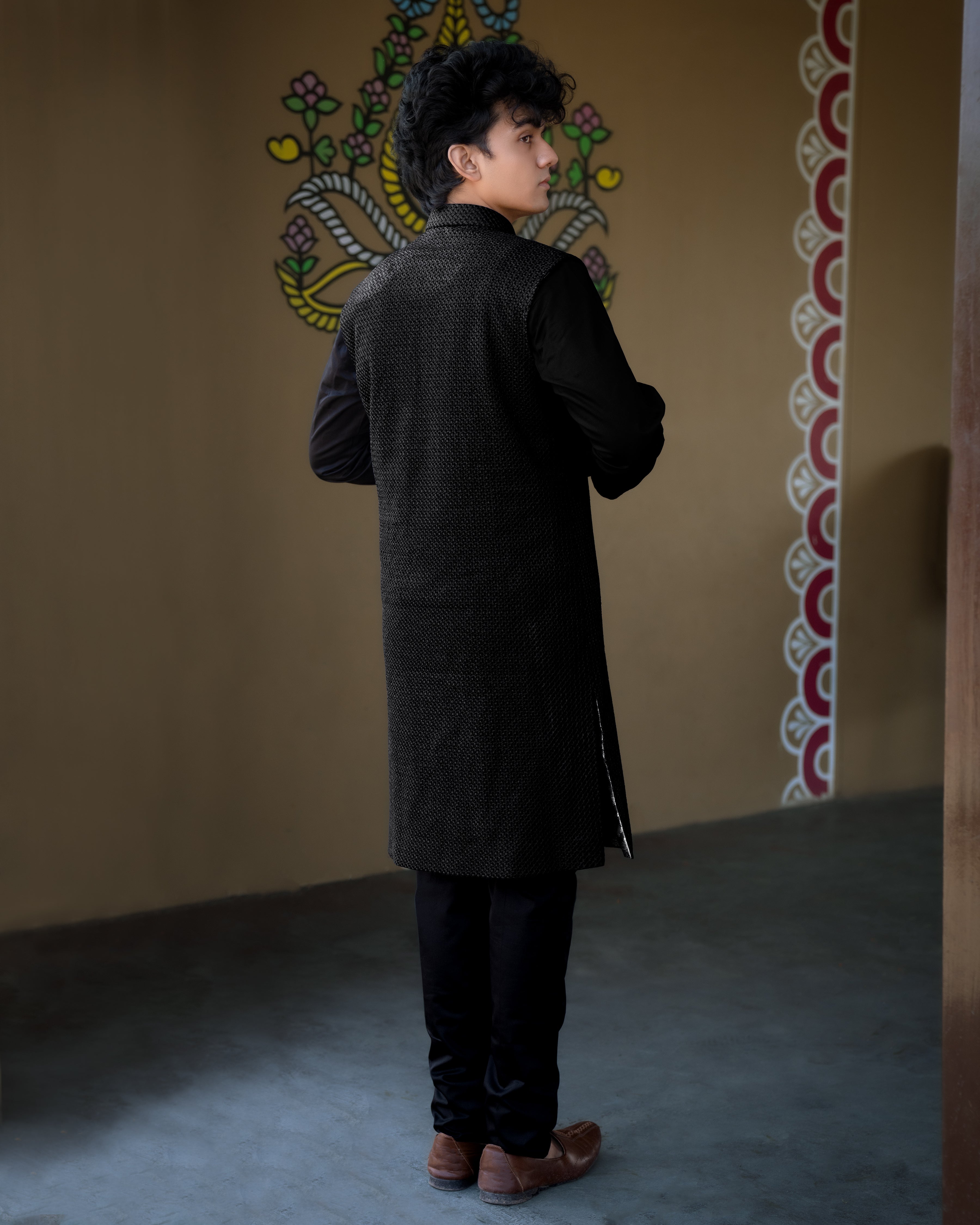 Jade Black with Textured Indo-western Set with Kurta Shirt and Pant SH009-SRW16-36, SH009-SRW16-38, SH009-SRW16-40, SH009-SRW16-42, SH009-SRW16-44, SH009-SRW16-46, SH009-SRW16-48, SH009-SRW16-50, SH009-SRW16-52, SH009-SRW16-54, SH009-SRW16-56, SH009-SRW16-58, SH009-SRW16-60