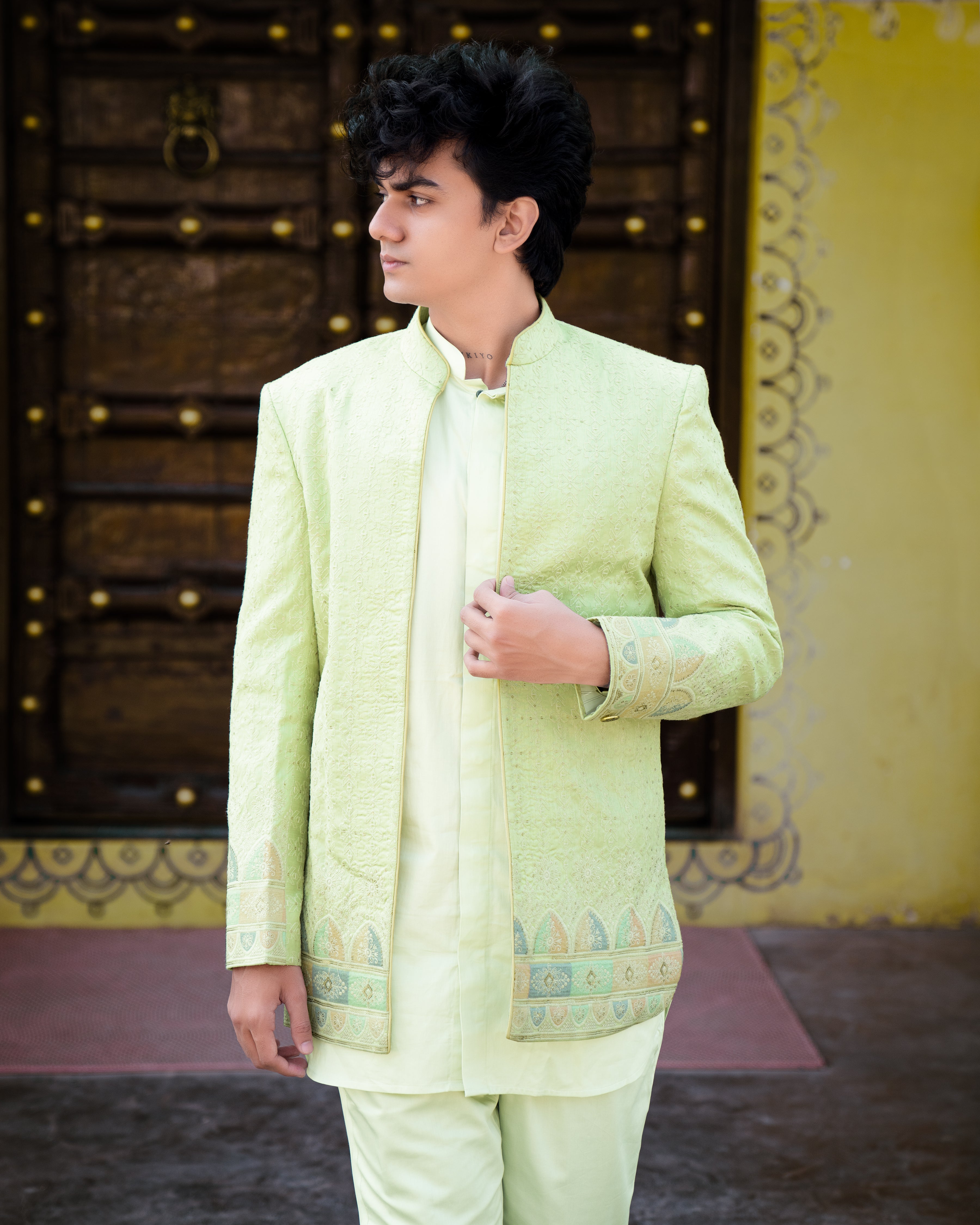 Surf Crest Green Bandhgala Sherwani and Half-Sleeved Jacket