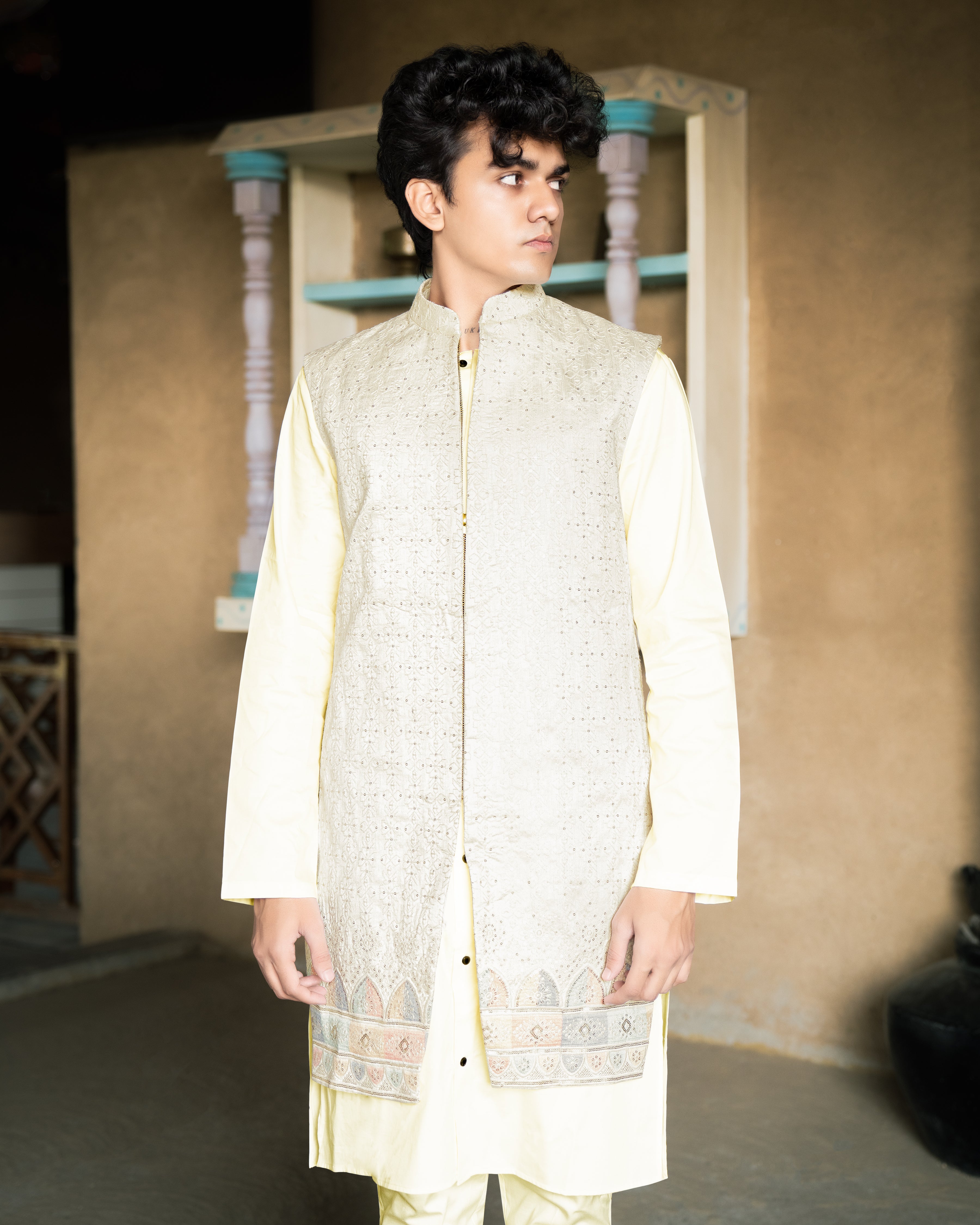 Mercury Beige Bandhgala Sherwani with Kurta, Pyjama and Half-Sleeved Jacket