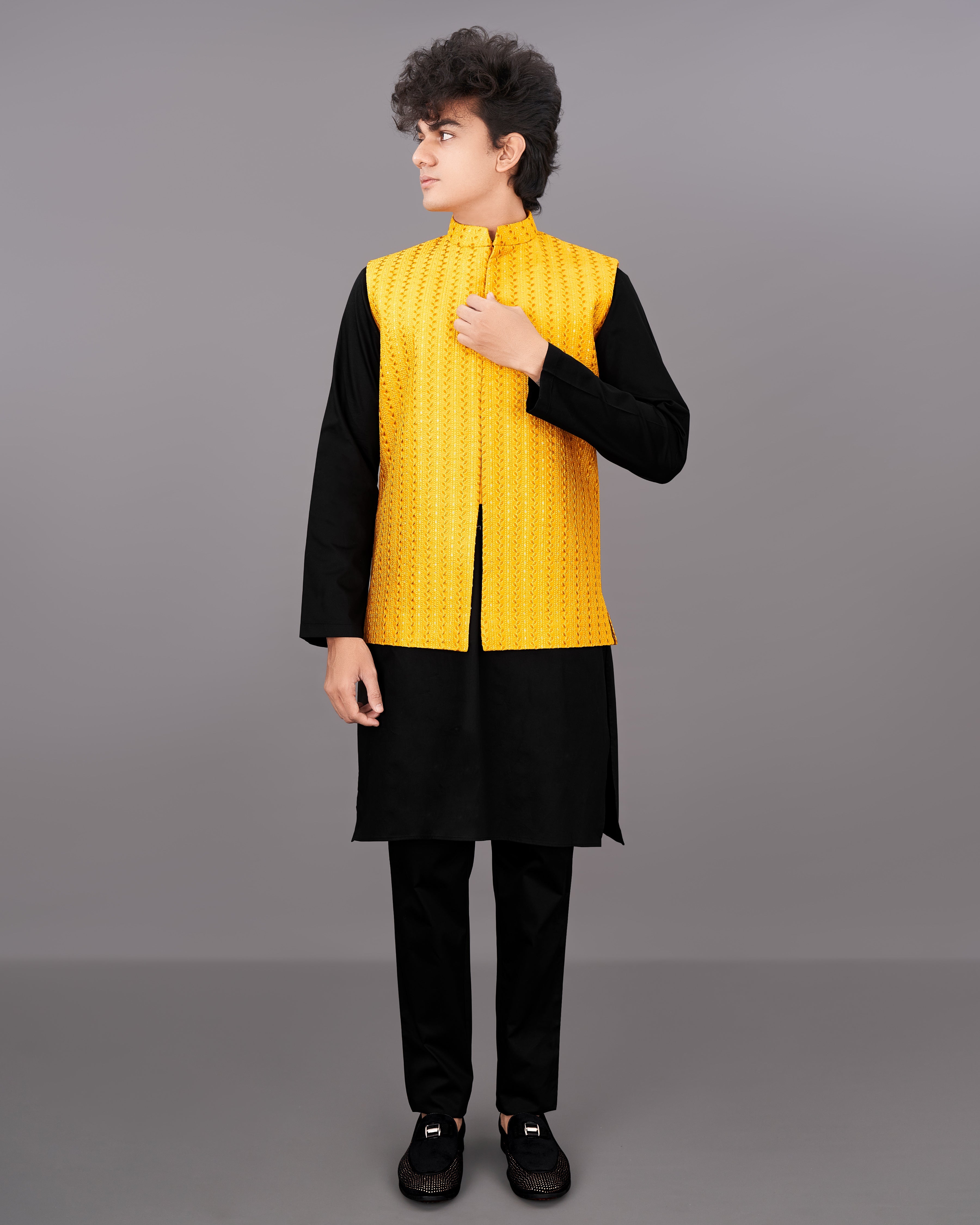 Mikado Yellow Sleeveless Embroidered Jacket with Kurta, Pants Set SH019-SRW31-36, SH019-SRW31-38, SH019-SRW31-40, SH019-SRW31-42, SH019-SRW31-44, SH019-SRW31-46, SH019-SRW31-48, SH019-SRW31-50, SH019-SRW31-52, SH019-SRW31-54, SH019-SRW31-56, SH019-SRW31-58, SH019-SRW31-60