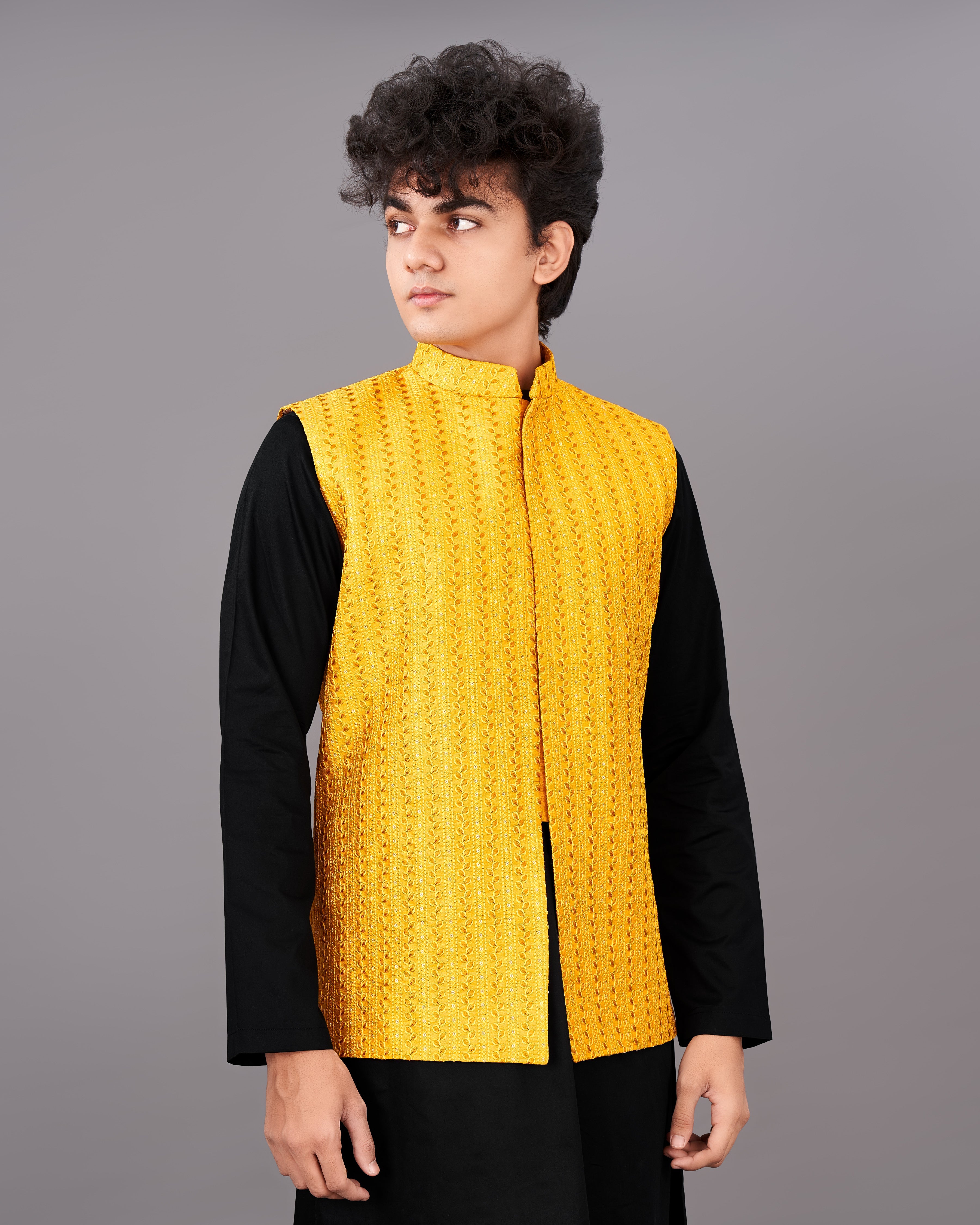 Mikado Yellow Sleeveless Embroidered Jacket with Kurta, Pants Set SH019-SRW31-36, SH019-SRW31-38, SH019-SRW31-40, SH019-SRW31-42, SH019-SRW31-44, SH019-SRW31-46, SH019-SRW31-48, SH019-SRW31-50, SH019-SRW31-52, SH019-SRW31-54, SH019-SRW31-56, SH019-SRW31-58, SH019-SRW31-60