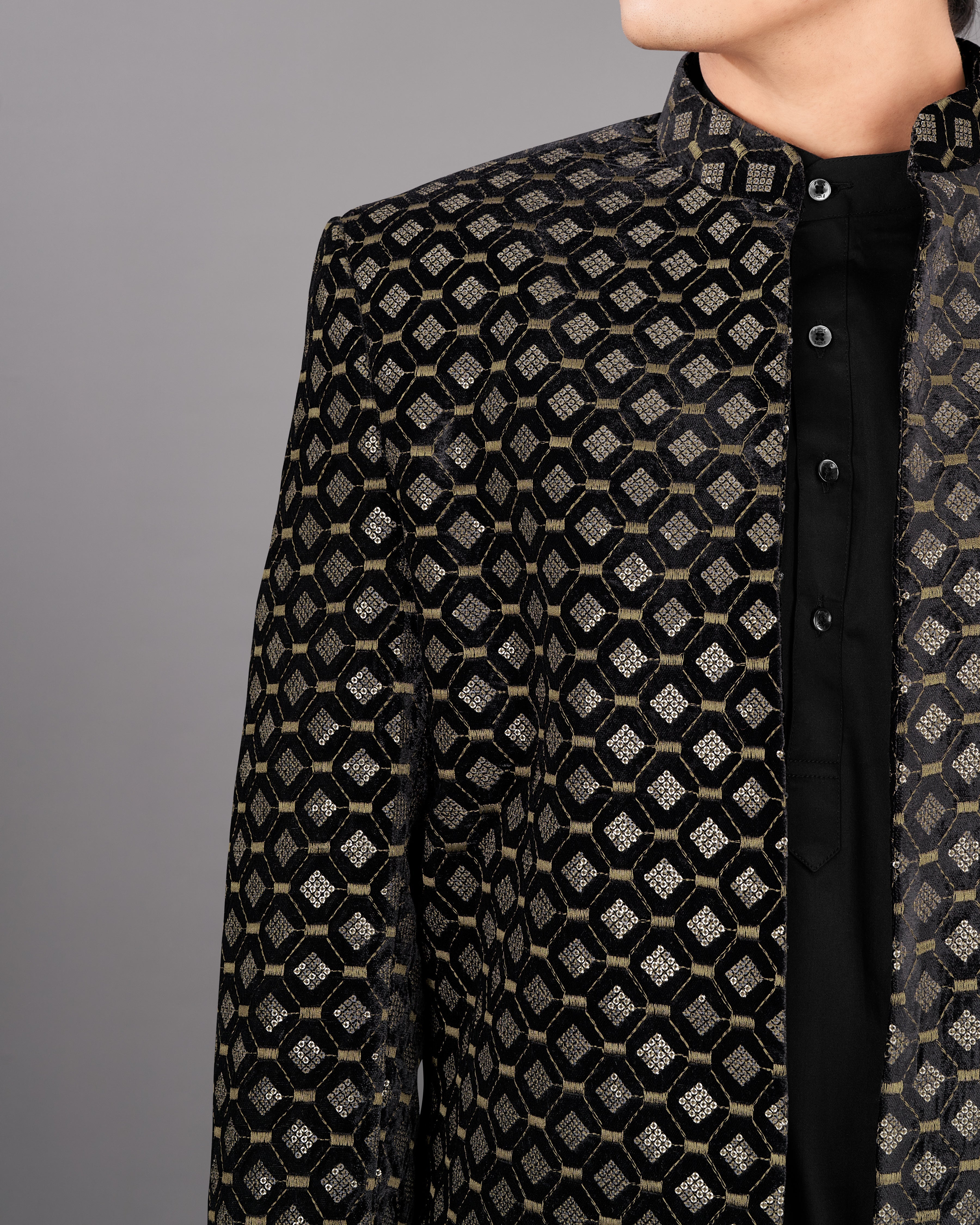 Jade Black And Husk Brown Embroidered with Tikki Work Sherwani with Kurta and Pants Set SHR022-SRW13-36, SHR022-SRW13-38, SHR022-SRW13-40, SHR022-SRW13-42, SHR022-SRW13-44, SHR022-SRW13-46, SHR022-SRW13-48, SHR022-SRW13-50, SHR022-SRW13-52, SHR022-SRW13-54, SHR022-SRW13-56, SHR022-SRW13-58, SHR022-SRW13-60