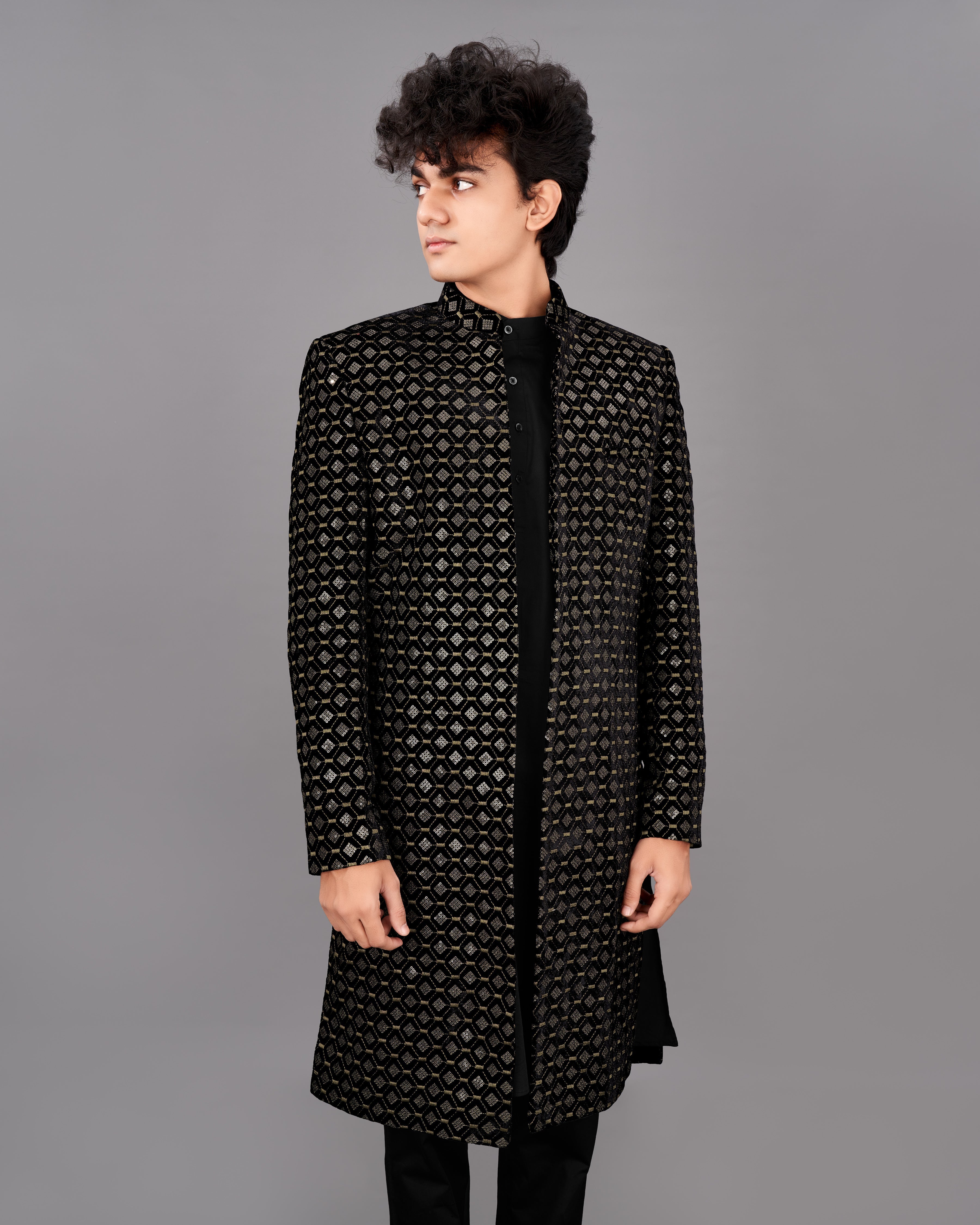 Jade Black And Husk Brown Embroidered with Tikki Work Sherwani with Kurta and Pants Set SH022-SRW13-36, SH022-SRW13-38, SH022-SRW13-40, SH022-SRW13-42, SH022-SRW13-44, SH022-SRW13-46, SH022-SRW13-48, SH022-SRW13-50, SH022-SRW13-52, SH022-SRW13-54, SH022-SRW13-56, SH022-SRW13-58, SH022-SRW13-60