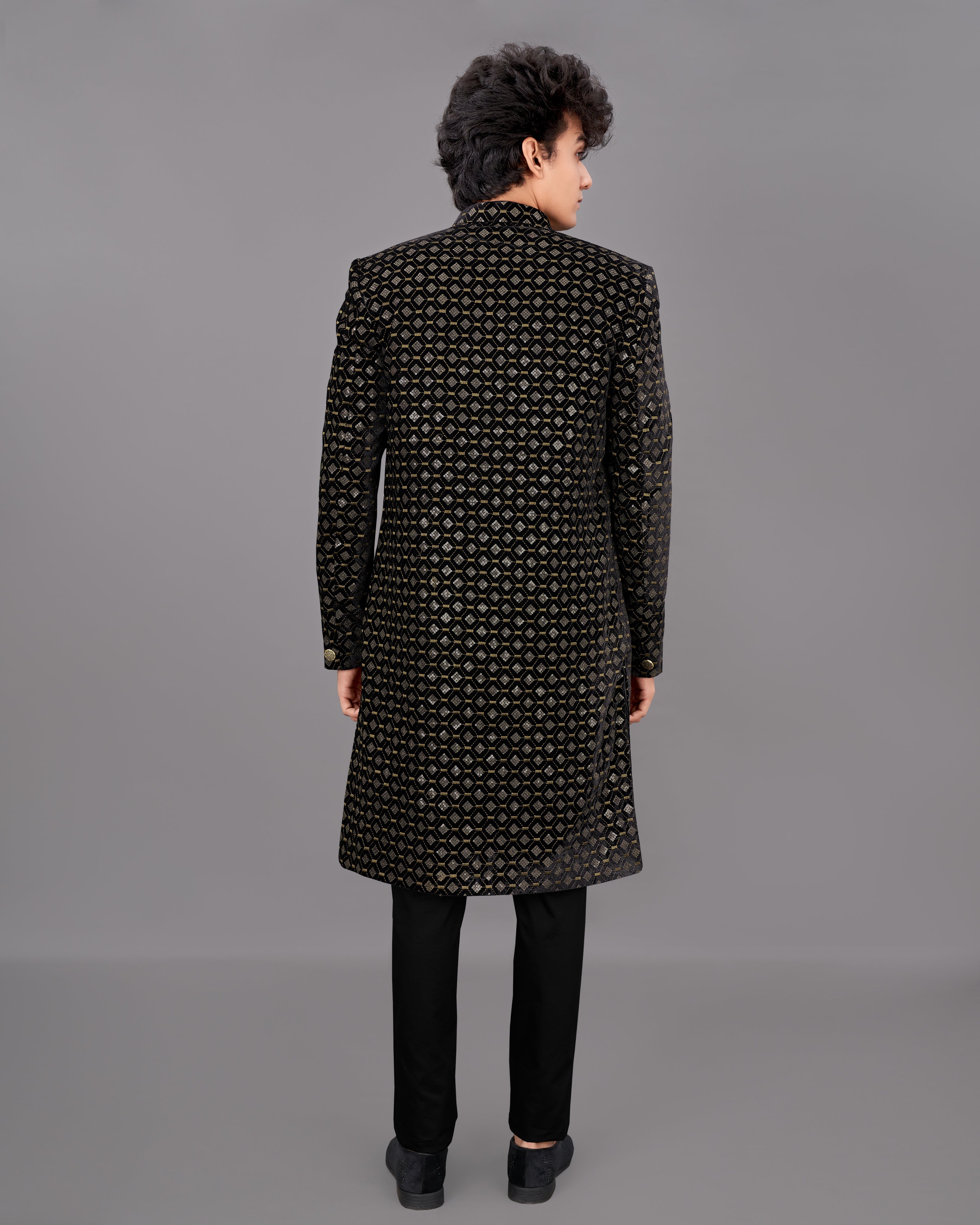 Jade Black And Husk Brown Embroidered with Tikki Work Sherwani with Kurta and Pants Set SH022-SRW13-36, SH022-SRW13-38, SH022-SRW13-40, SH022-SRW13-42, SH022-SRW13-44, SH022-SRW13-46, SH022-SRW13-48, SH022-SRW13-50, SH022-SRW13-52, SH022-SRW13-54, SH022-SRW13-56, SH022-SRW13-58, SH022-SRW13-60