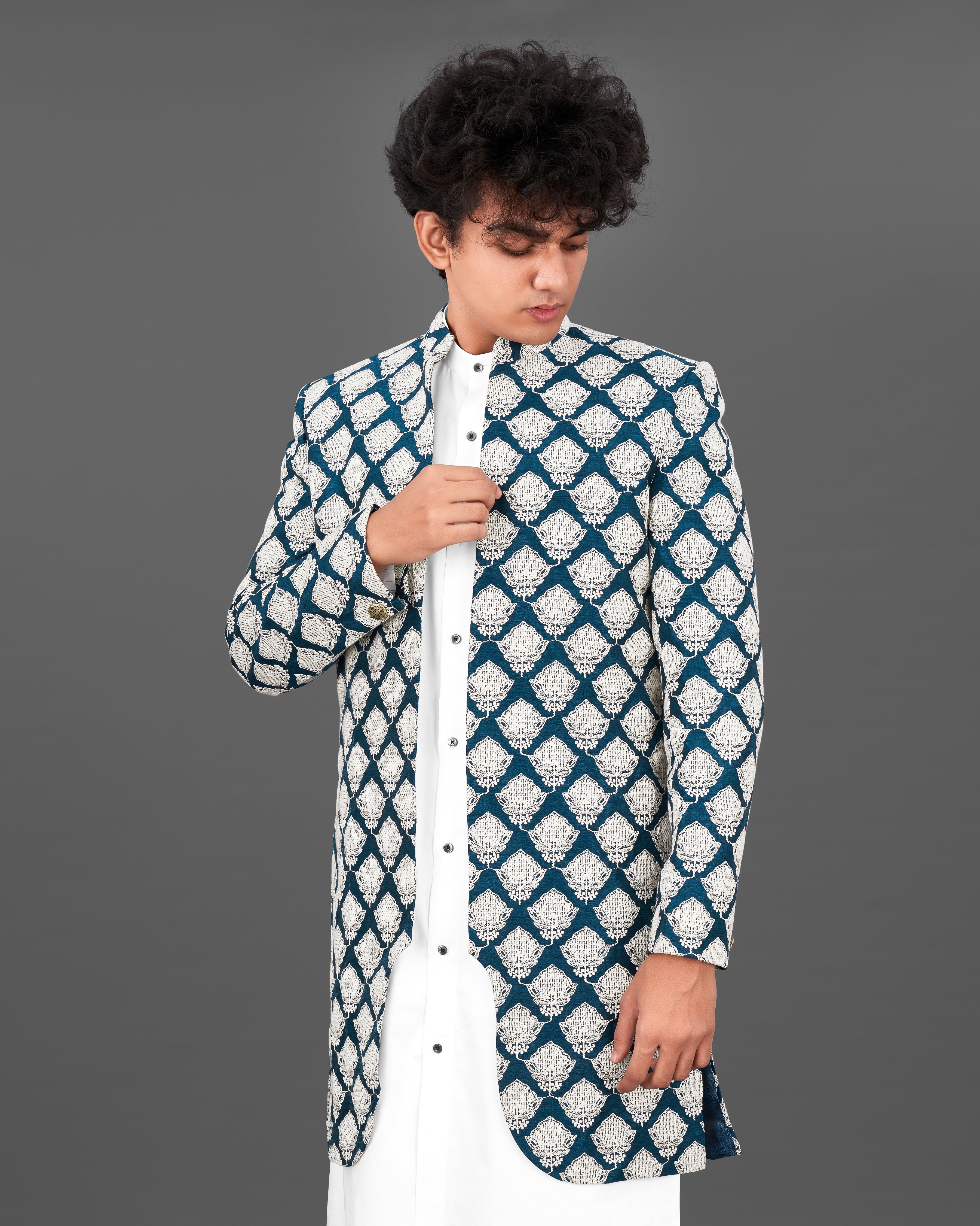 Rhino Blue with White and Sequence Embroidered Indo-Western with Kurta and Pants Set SH024-SRW22-36, SH024-SRW22-38, SH024-SRW22-40, SH024-SRW22-42, SH024-SRW22-44, SH024-SRW22-46, SH024-SRW22-48, SH024-SRW22-50, SH024-SRW22-52, SH024-SRW22-54, SH024-SRW22-56, SH024-SRW22-58, SH024-SRW22-60