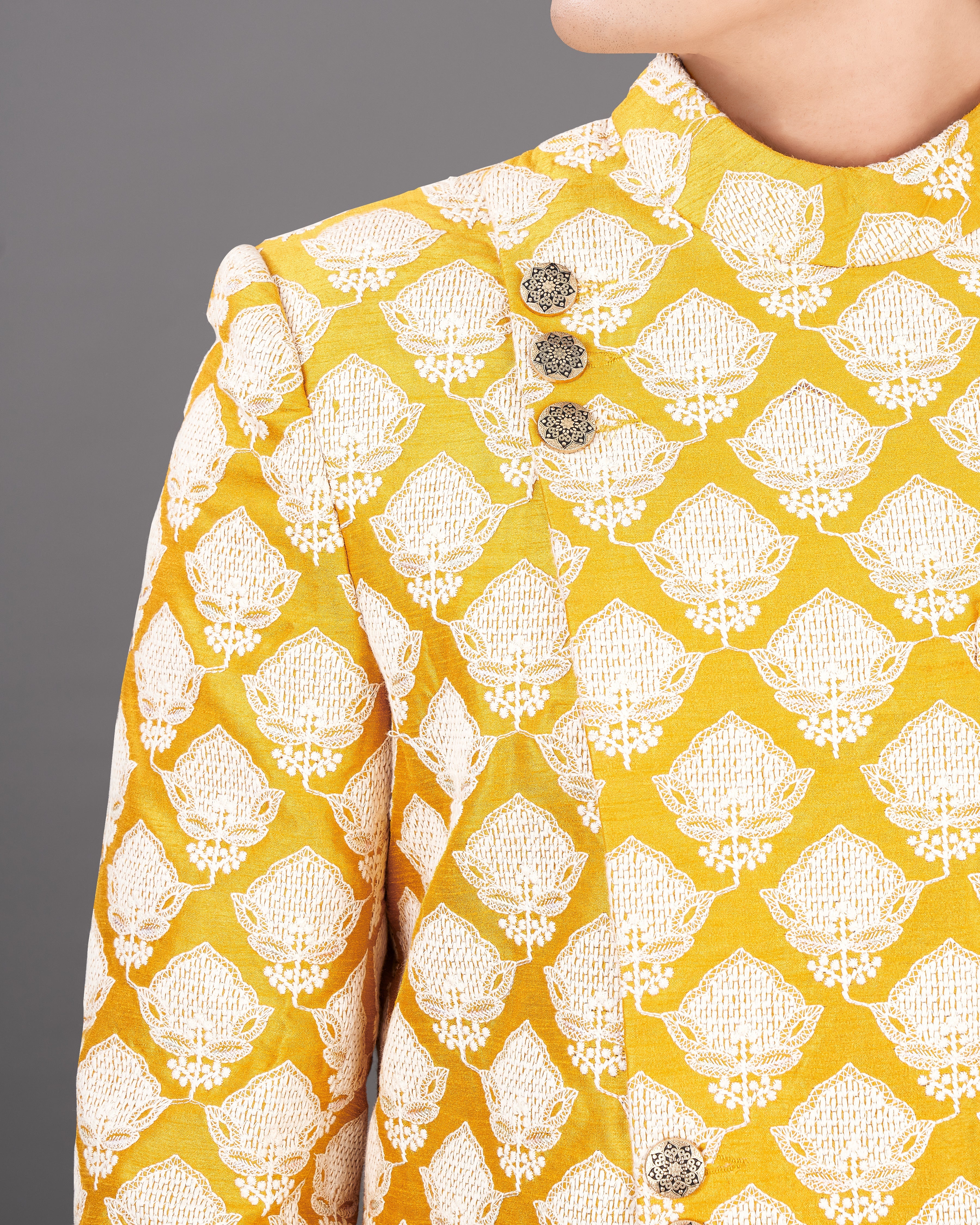Squash Yellow and White and Sequence Embroidered Sherwani with Kurta and Pants Set SHR026-SRW23-36, SHR026-SRW23-38, SHR026-SRW23-40, SHR026-SRW23-42, SHR026-SRW23-44, SHR026-SRW23-46, SHR026-SRW23-48, SHR026-SRW23-50, SHR026-SRW23-52, SHR026-SRW23-54, SHR026-SRW23-56, SHR026-SRW23-58, SHR026-SRW23-60
