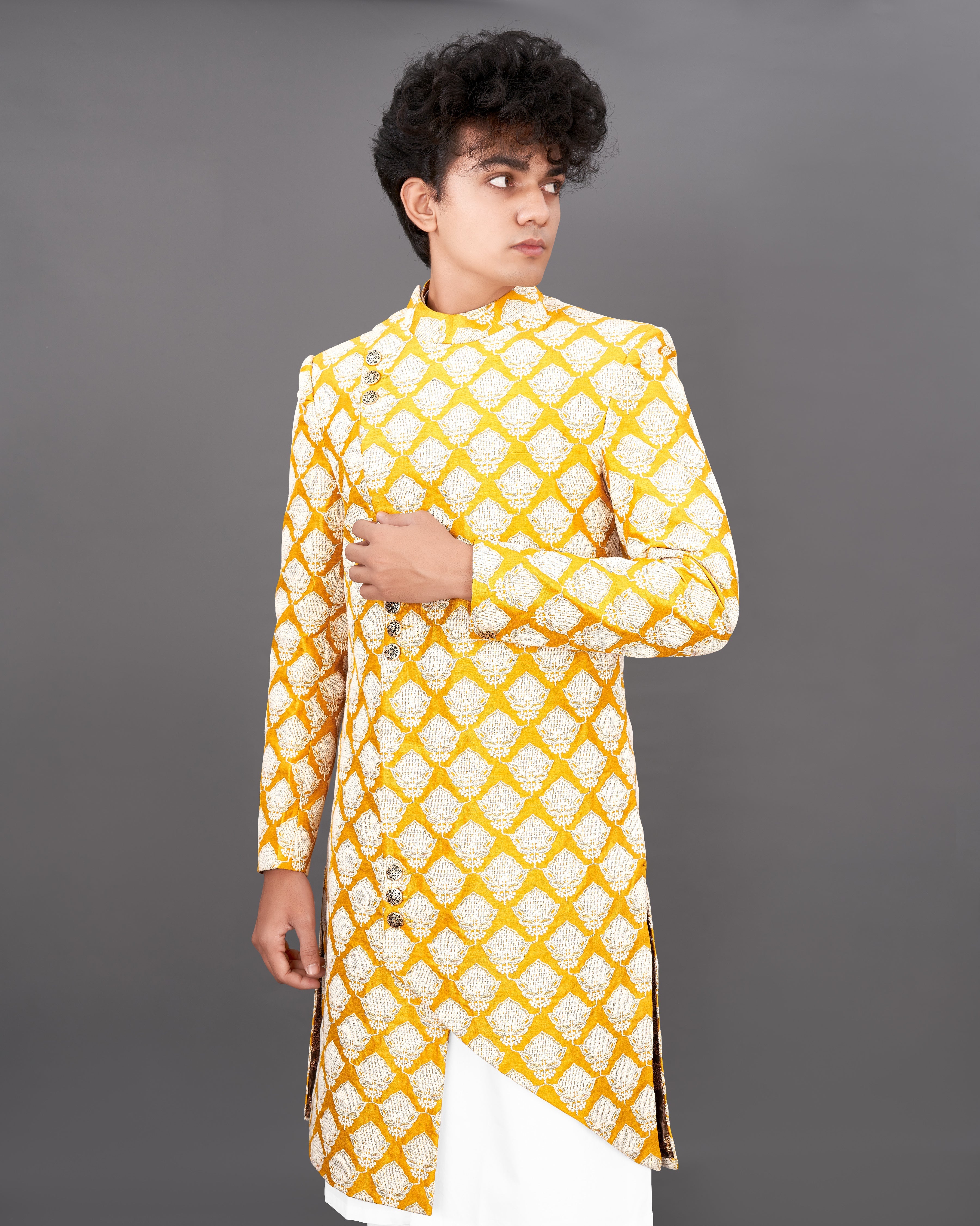 Squash Yellow and White and Sequence Embroidered Sherwani with Kurta and Pants Set SHR026-SRW23-36, SHR026-SRW23-38, SHR026-SRW23-40, SHR026-SRW23-42, SHR026-SRW23-44, SHR026-SRW23-46, SHR026-SRW23-48, SHR026-SRW23-50, SHR026-SRW23-52, SHR026-SRW23-54, SHR026-SRW23-56, SHR026-SRW23-58, SHR026-SRW23-60