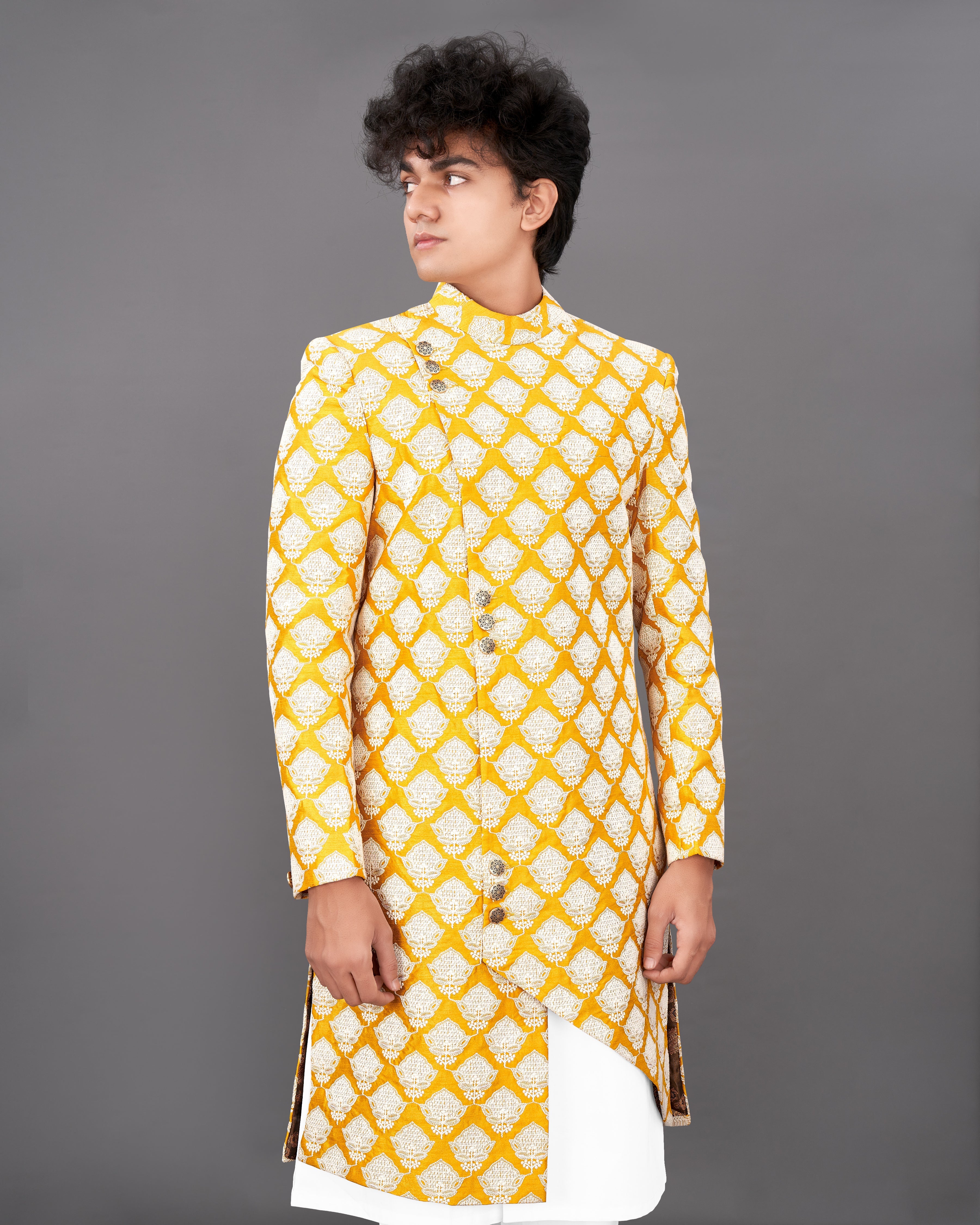Squash Yellow and White and Sequence Embroidered Sherwani with Kurta and Pants Set SHR026-SRW23-36, SHR026-SRW23-38, SHR026-SRW23-40, SHR026-SRW23-42, SHR026-SRW23-44, SHR026-SRW23-46, SHR026-SRW23-48, SHR026-SRW23-50, SHR026-SRW23-52, SHR026-SRW23-54, SHR026-SRW23-56, SHR026-SRW23-58, SHR026-SRW23-60