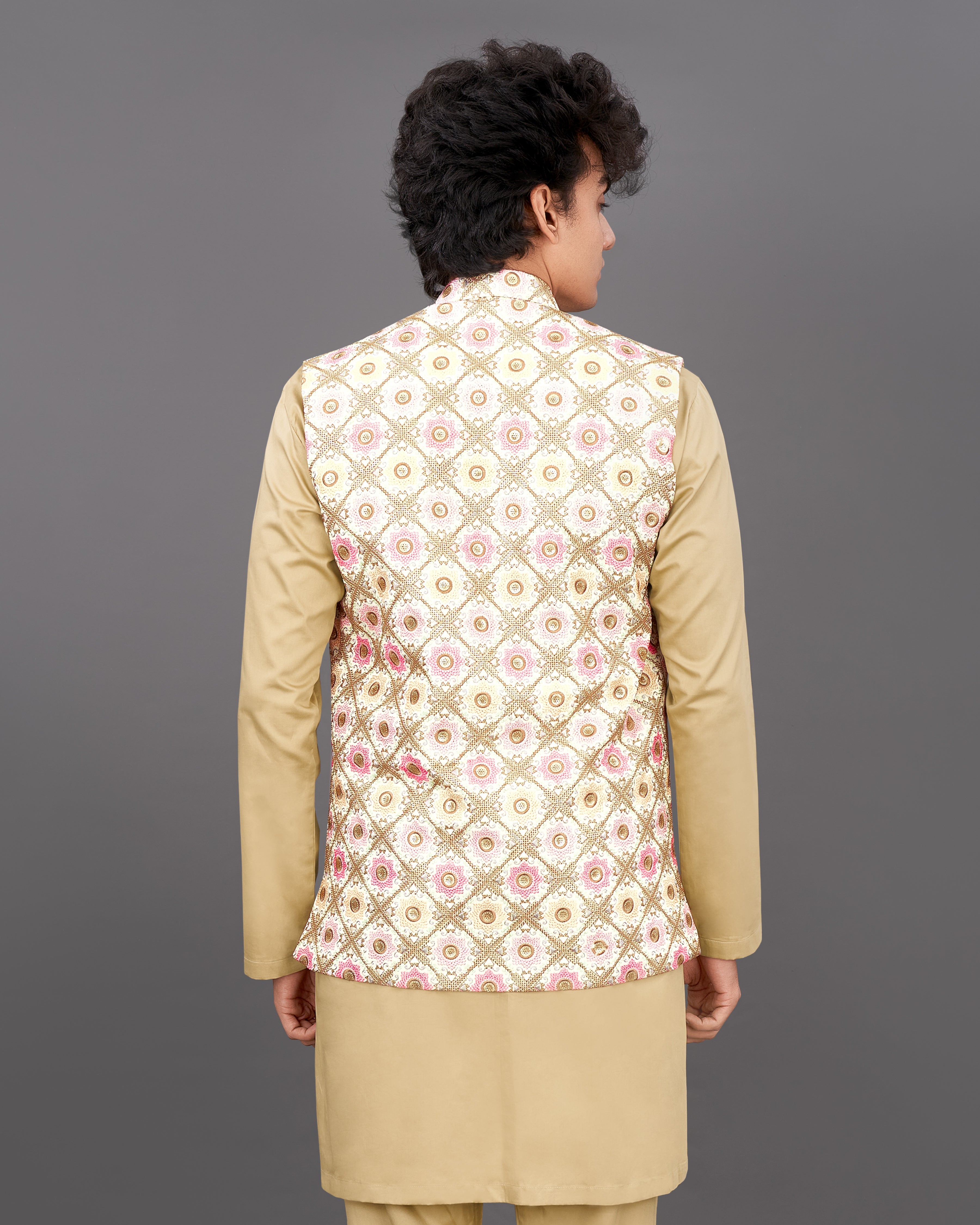 Sugarcane White with Muted Pink and Fawn Brown Sleeveless Jacket with Kurta, Pants Set