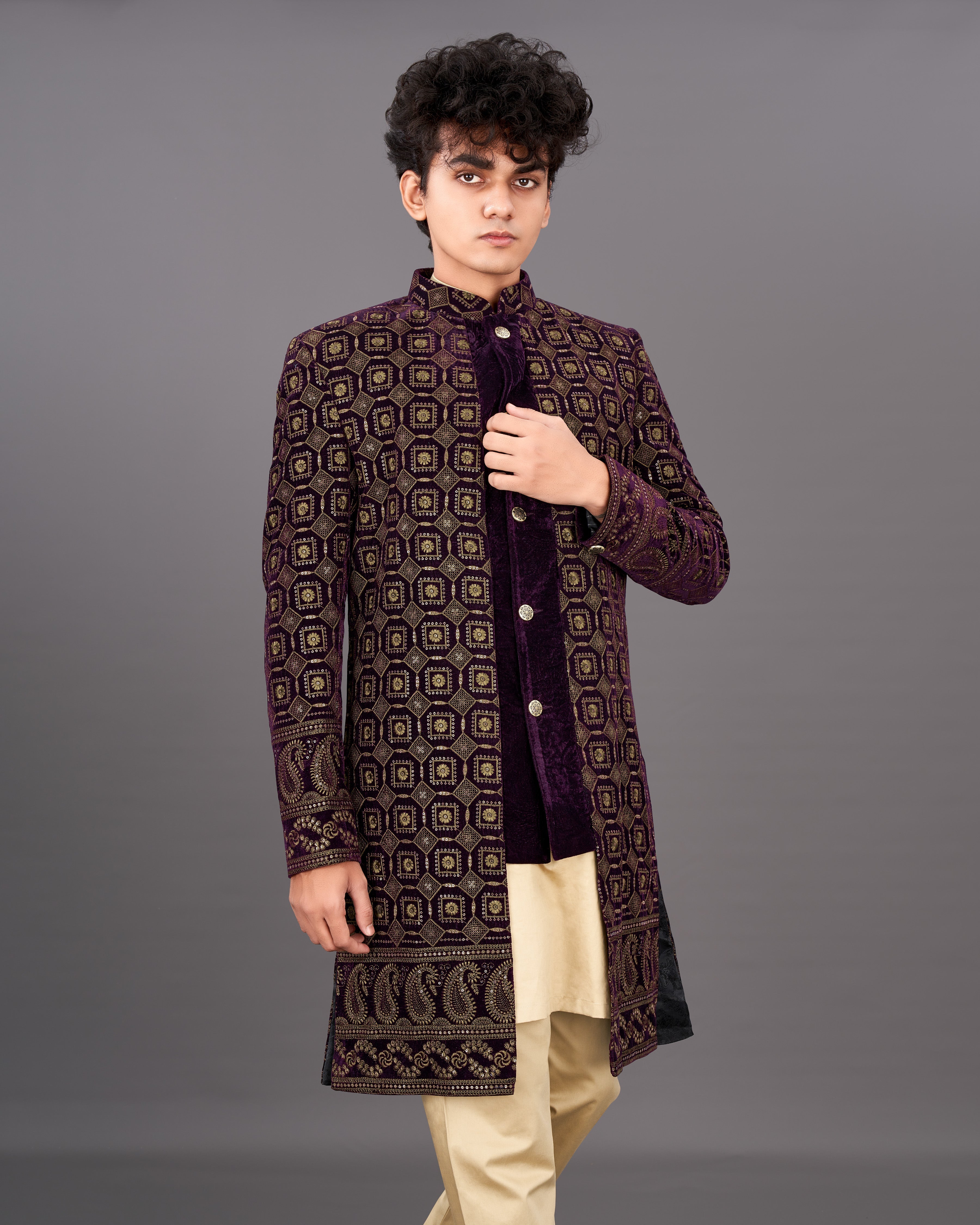Ebony Maroon with Mocha Brown Heavyweight Embroidered Indo-Western with Kurta and Pants Set SHR032-SRW32-36, SHR032-SRW32-38, SHR032-SRW32-40, SHR032-SRW32-42, SHR032-SRW32-44, SHR032-SRW32-46, SHR032-SRW32-48, SHR032-SRW32-50, SHR032-SRW32-52, SHR032-SRW32-54, SHR032-SRW32-56, SHR032-SRW32-58, SHR032-SRW32-60