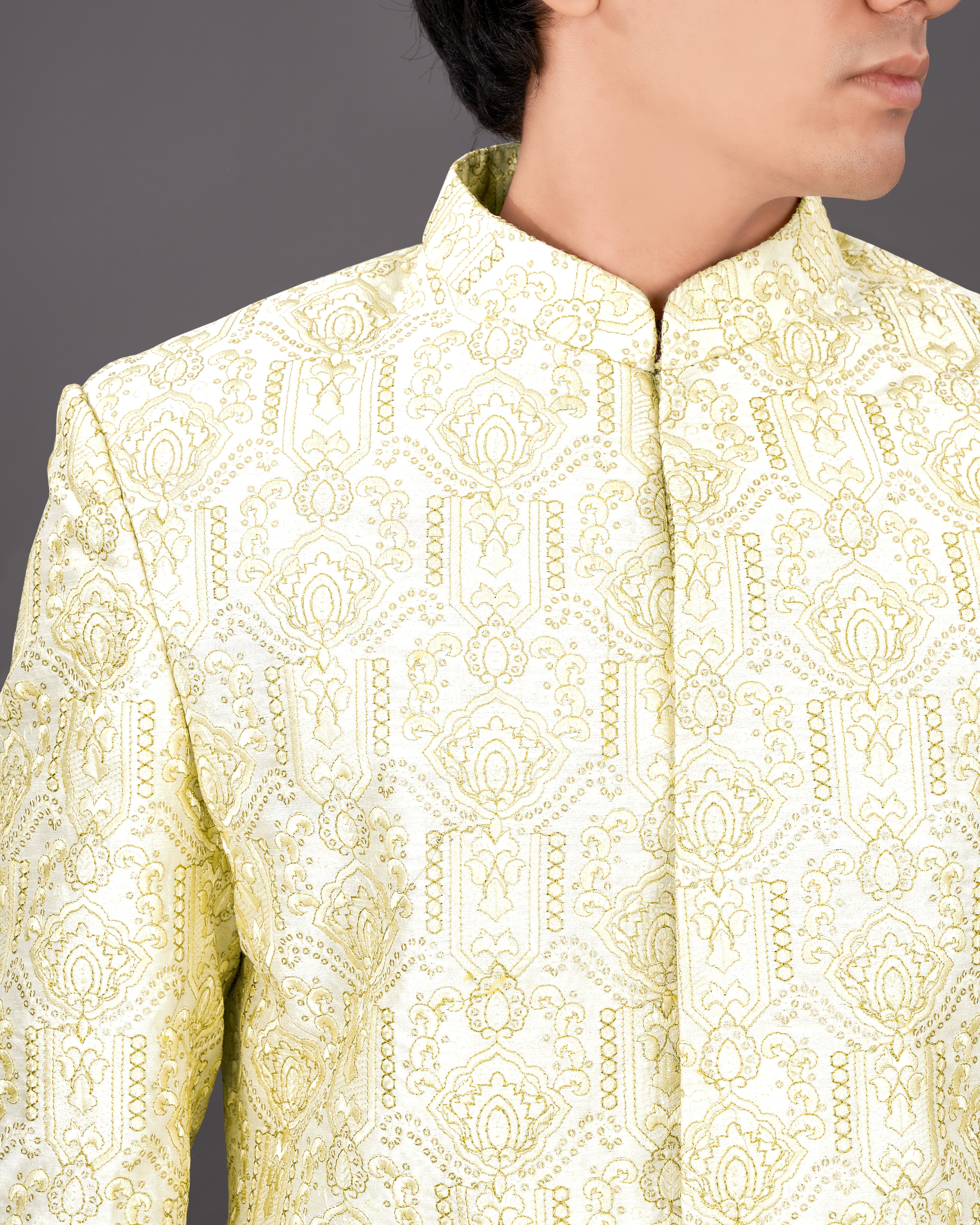 Eggshell Cream Heavyweight Embroidered Sherwani with Kurta and Pants Set SHR035-BG-36, SHR035-BG-38, SHR035-BG-40, SHR035-BG-42, SHR035-BG-44, SHR035-BG-46, SHR035-BG-48, SHR035-BG-50, SHR035-BG-52, SHR035-BG-54, SHR035-BG-56, SHR035-BG-58, SHR035-BG-60