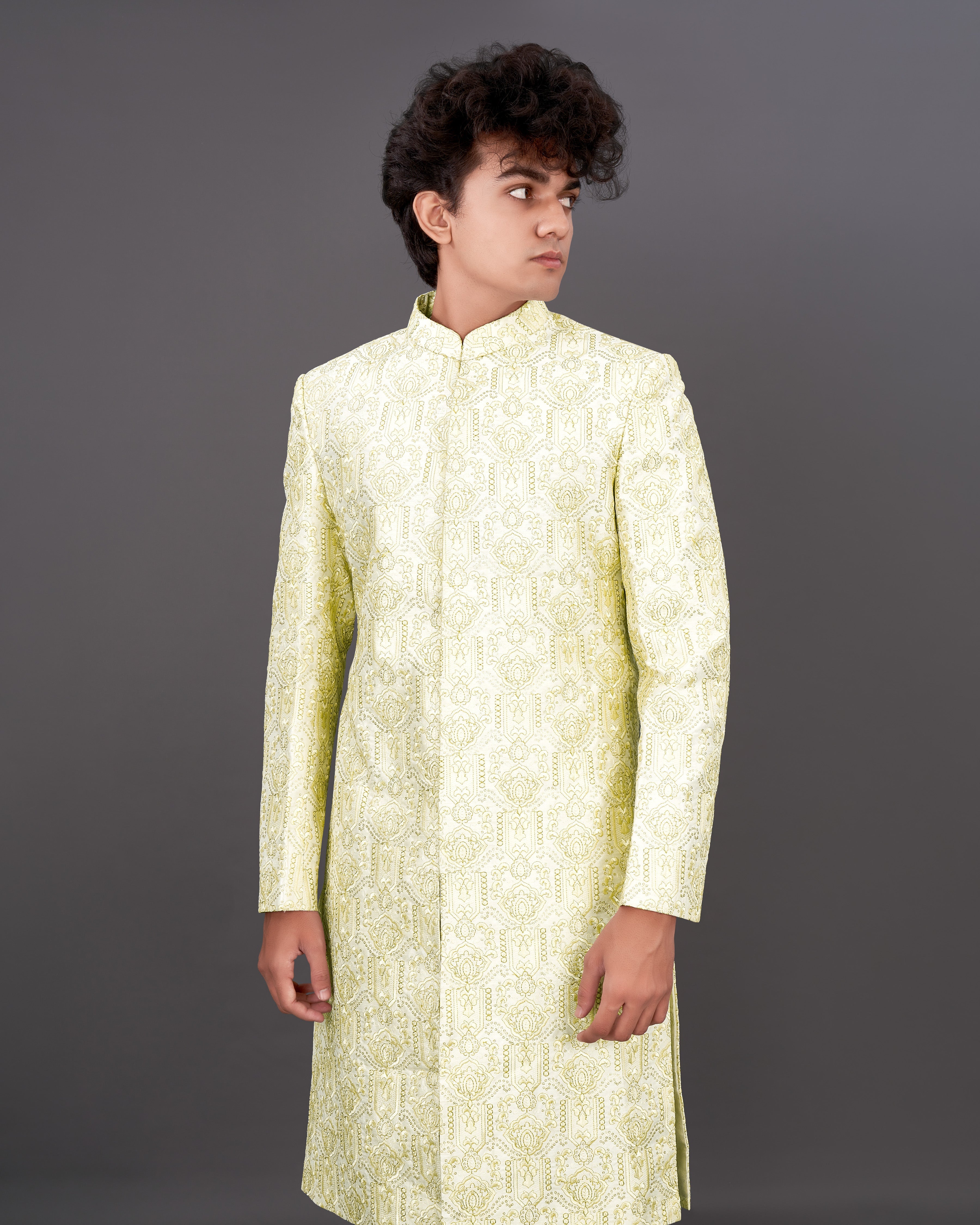 Eggshell Cream Heavyweight Embroidered Sherwani with Kurta and Pants Set SHR035-BG-36, SHR035-BG-38, SHR035-BG-40, SHR035-BG-42, SHR035-BG-44, SHR035-BG-46, SHR035-BG-48, SHR035-BG-50, SHR035-BG-52, SHR035-BG-54, SHR035-BG-56, SHR035-BG-58, SHR035-BG-60