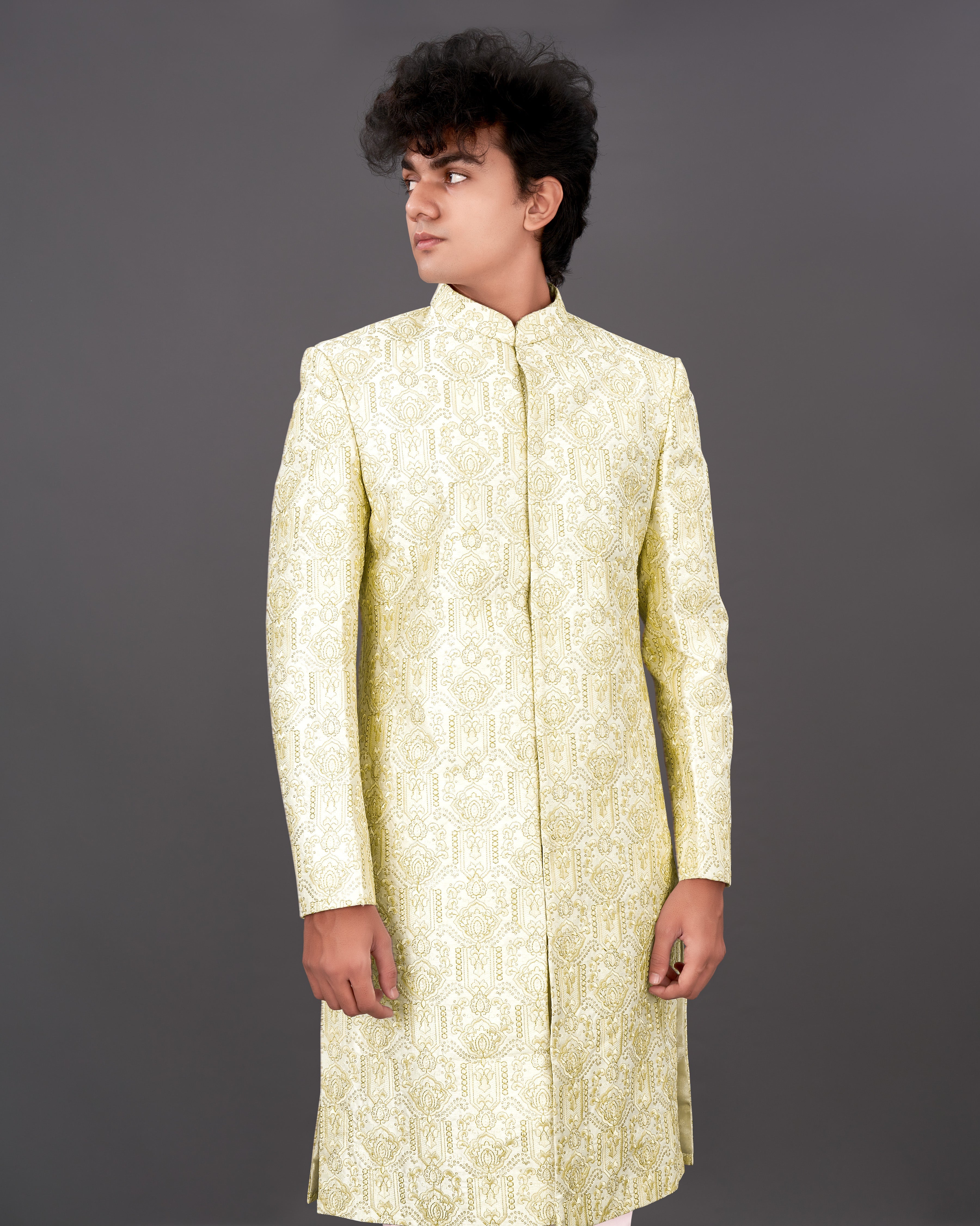 Eggshell Cream Heavyweight Embroidered Sherwani with Kurta and Pants Set SHR035-BG-36, SHR035-BG-38, SHR035-BG-40, SHR035-BG-42, SHR035-BG-44, SHR035-BG-46, SHR035-BG-48, SHR035-BG-50, SHR035-BG-52, SHR035-BG-54, SHR035-BG-56, SHR035-BG-58, SHR035-BG-60