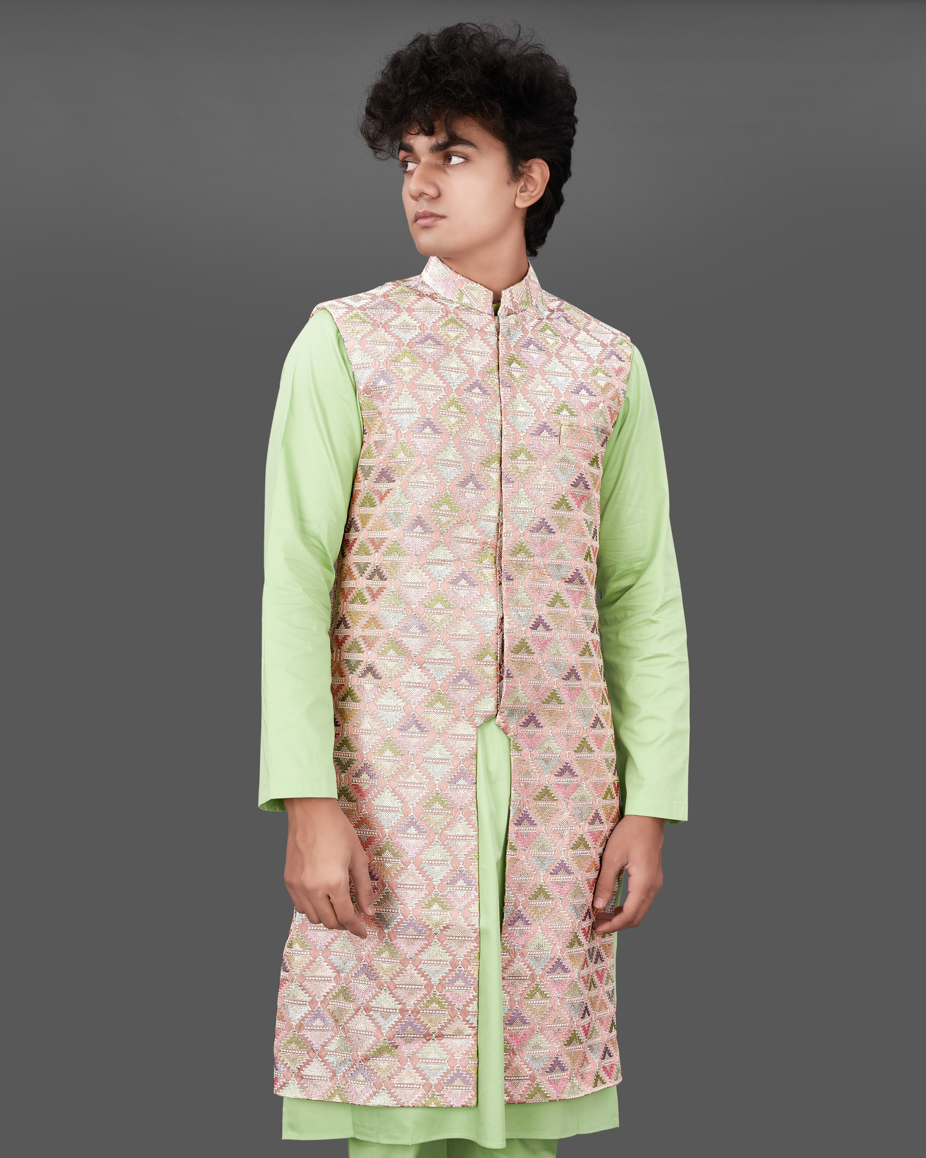 Vanilla Pink with Pixie Green Embroidered Sleeveless Indo-Western with Kurta and Pants Set SHR037-SRW20-36, SHR037-SRW20-38, SHR037-SRW20-40, SHR037-SRW20-42, SHR037-SRW20-44, SHR037-SRW20-46, SHR037-SRW20-48, SHR037-SRW20-50, SHR037-SRW20-52, SHR037-SRW20-54, SHR037-SRW20-56, SHR037-SRW20-58, SHR037-SRW20-60
