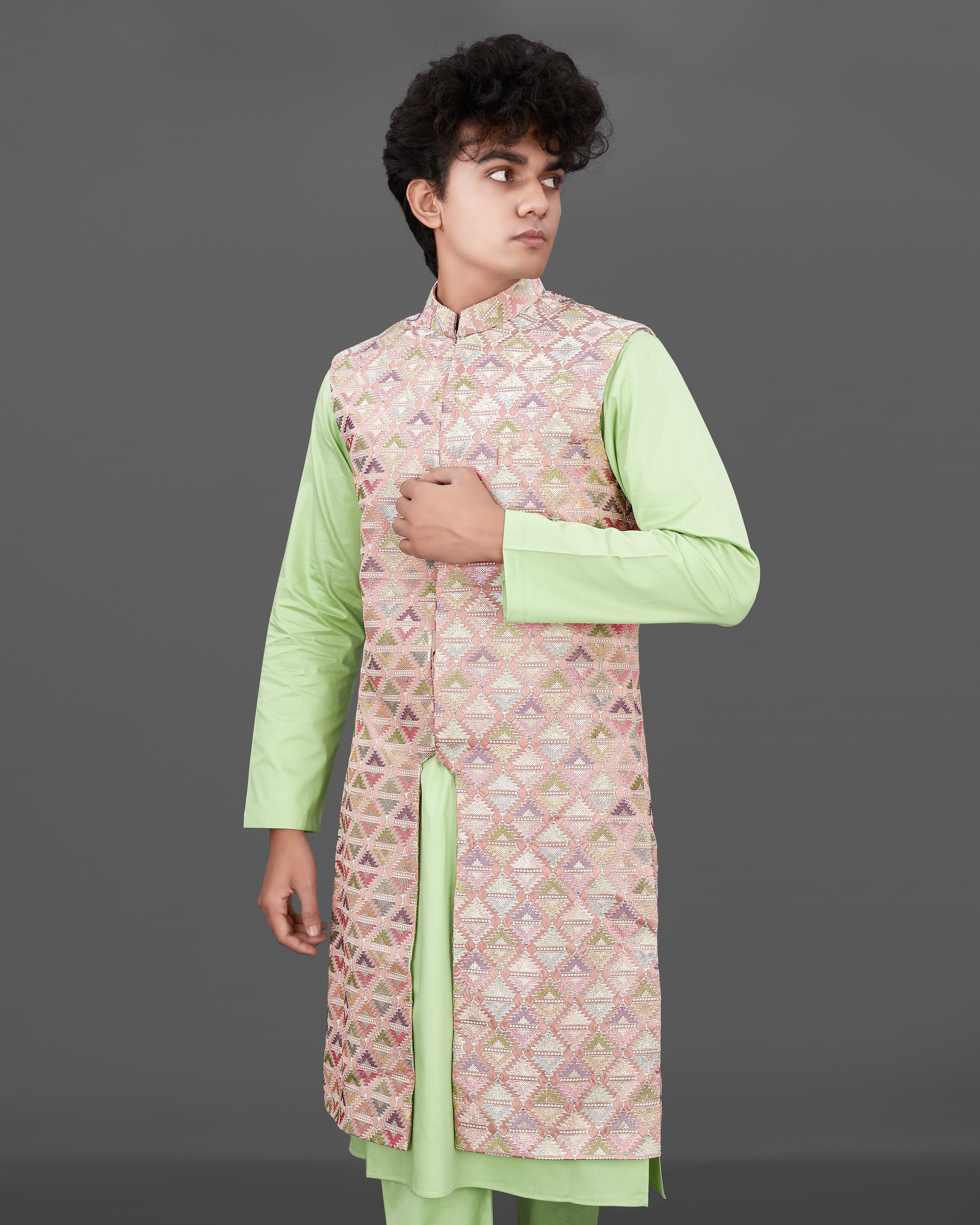 Vanilla Pink with Pixie Green Embroidered Sleeveless Indo-Western with Kurta and Pants Set SHR037-SRW20-36, SHR037-SRW20-38, SHR037-SRW20-40, SHR037-SRW20-42, SHR037-SRW20-44, SHR037-SRW20-46, SHR037-SRW20-48, SHR037-SRW20-50, SHR037-SRW20-52, SHR037-SRW20-54, SHR037-SRW20-56, SHR037-SRW20-58, SHR037-SRW20-60