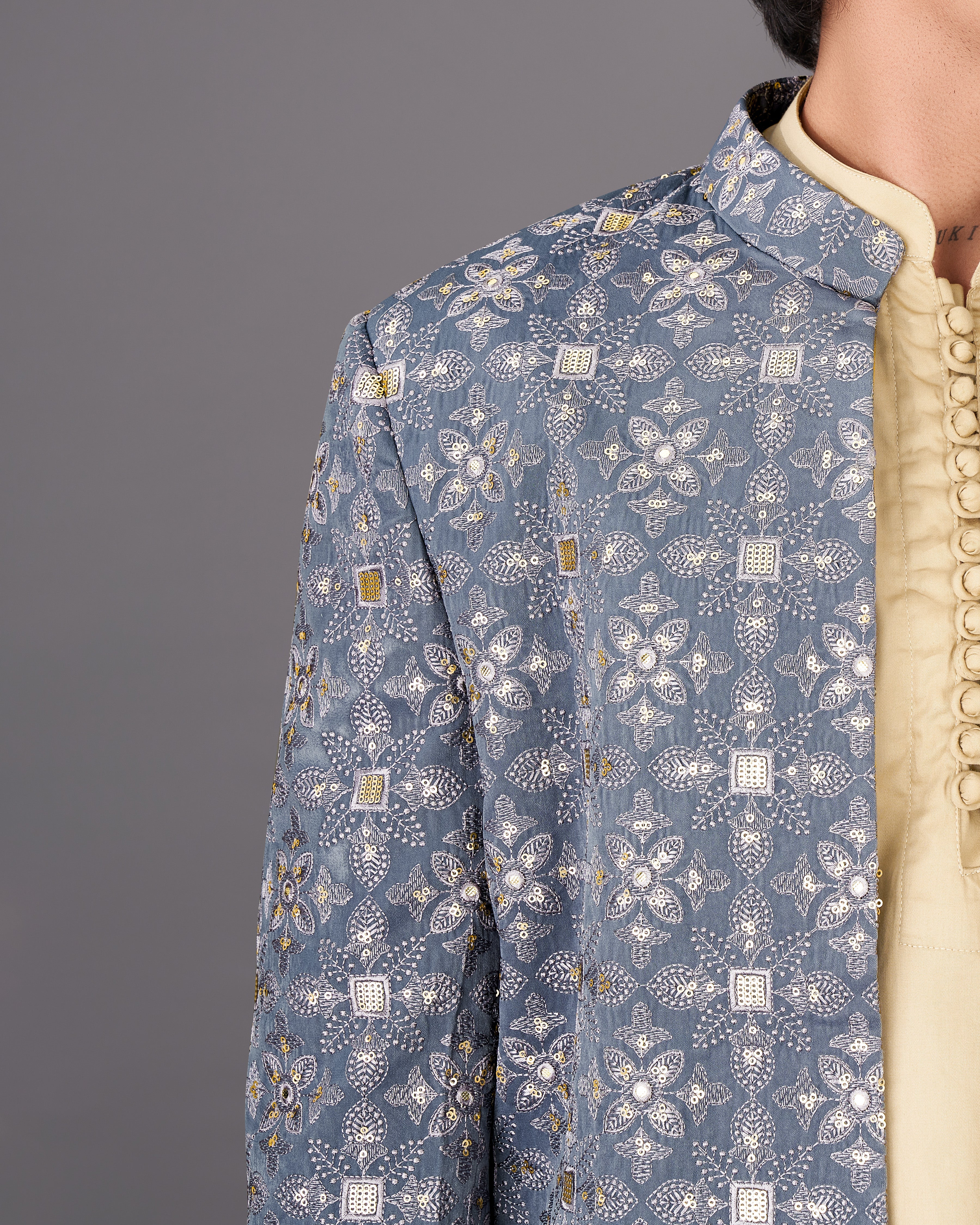 Dolphin Blue and Sequence Embroidered  Sherwani with Kurta and Pants Set SHR040-SRW24-36, SHR040-SRW24-38, SHR040-SRW24-40, SHR040-SRW24-42, SHR040-SRW24-44, SHR040-SRW24-46, SHR040-SRW24-48, SHR040-SRW24-50, SHR040-SRW24-52, SHR040-SRW24-54, SHR040-SRW24-56, SHR040-SRW24-58, SHR040-SRW24-60