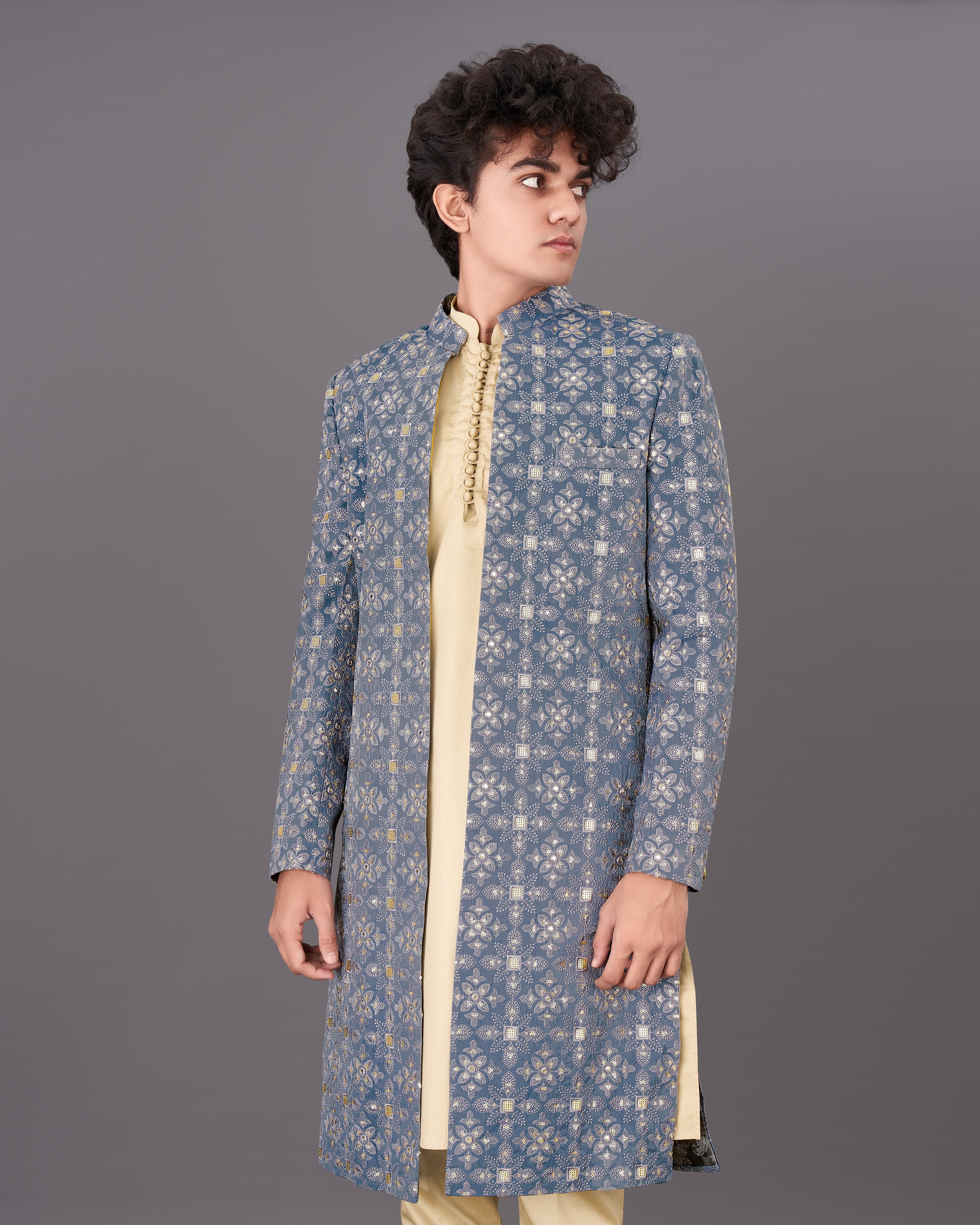 Dolphin Blue and Sequence Embroidered  Sherwani with Kurta and Pants Set SHR040-SRW24-36, SHR040-SRW24-38, SHR040-SRW24-40, SHR040-SRW24-42, SHR040-SRW24-44, SHR040-SRW24-46, SHR040-SRW24-48, SHR040-SRW24-50, SHR040-SRW24-52, SHR040-SRW24-54, SHR040-SRW24-56, SHR040-SRW24-58, SHR040-SRW24-60