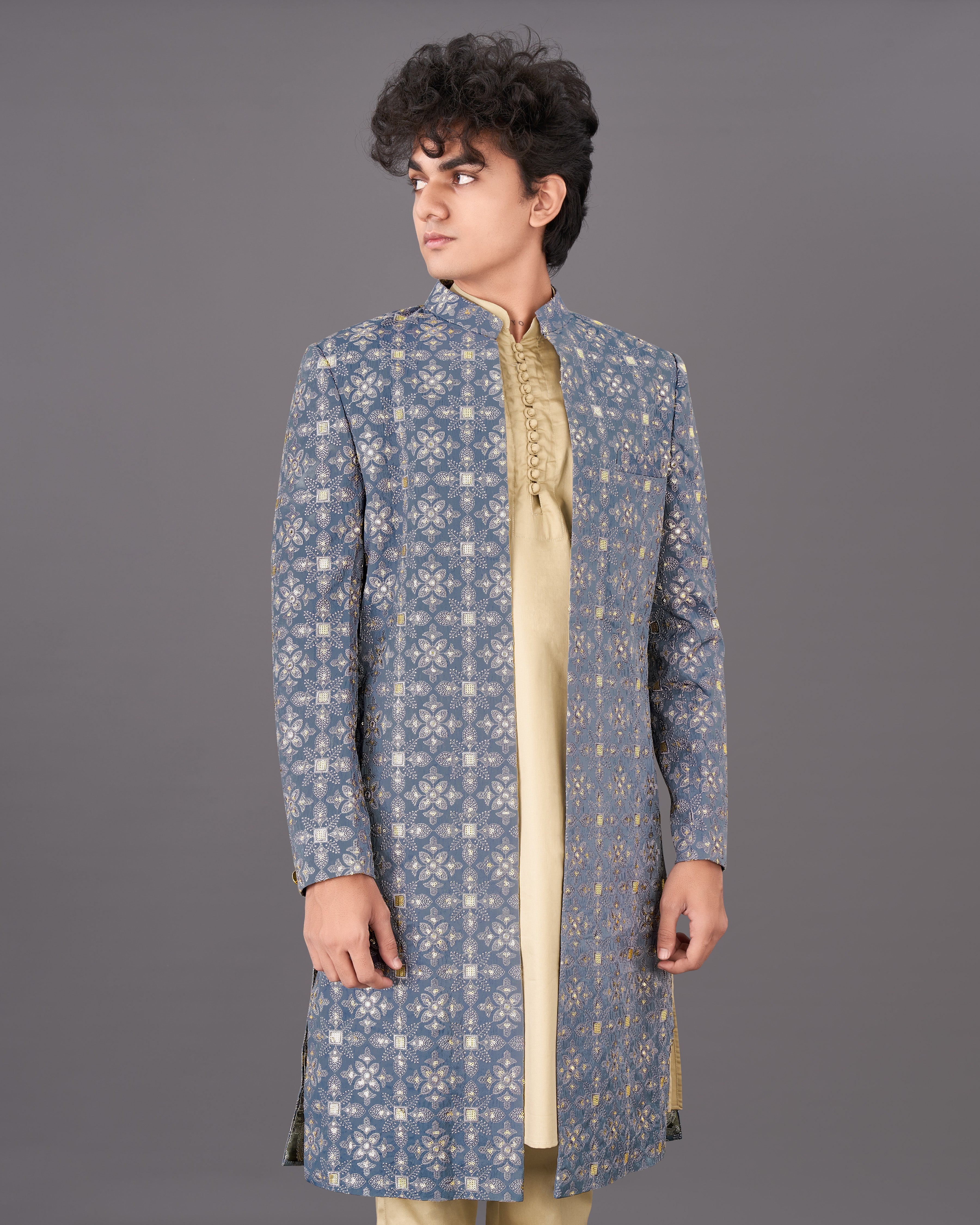 Dolphin Blue and Sequence Embroidered  Sherwani with Kurta and Pants Set SHR040-SRW24-36, SHR040-SRW24-38, SHR040-SRW24-40, SHR040-SRW24-42, SHR040-SRW24-44, SHR040-SRW24-46, SHR040-SRW24-48, SHR040-SRW24-50, SHR040-SRW24-52, SHR040-SRW24-54, SHR040-SRW24-56, SHR040-SRW24-58, SHR040-SRW24-60