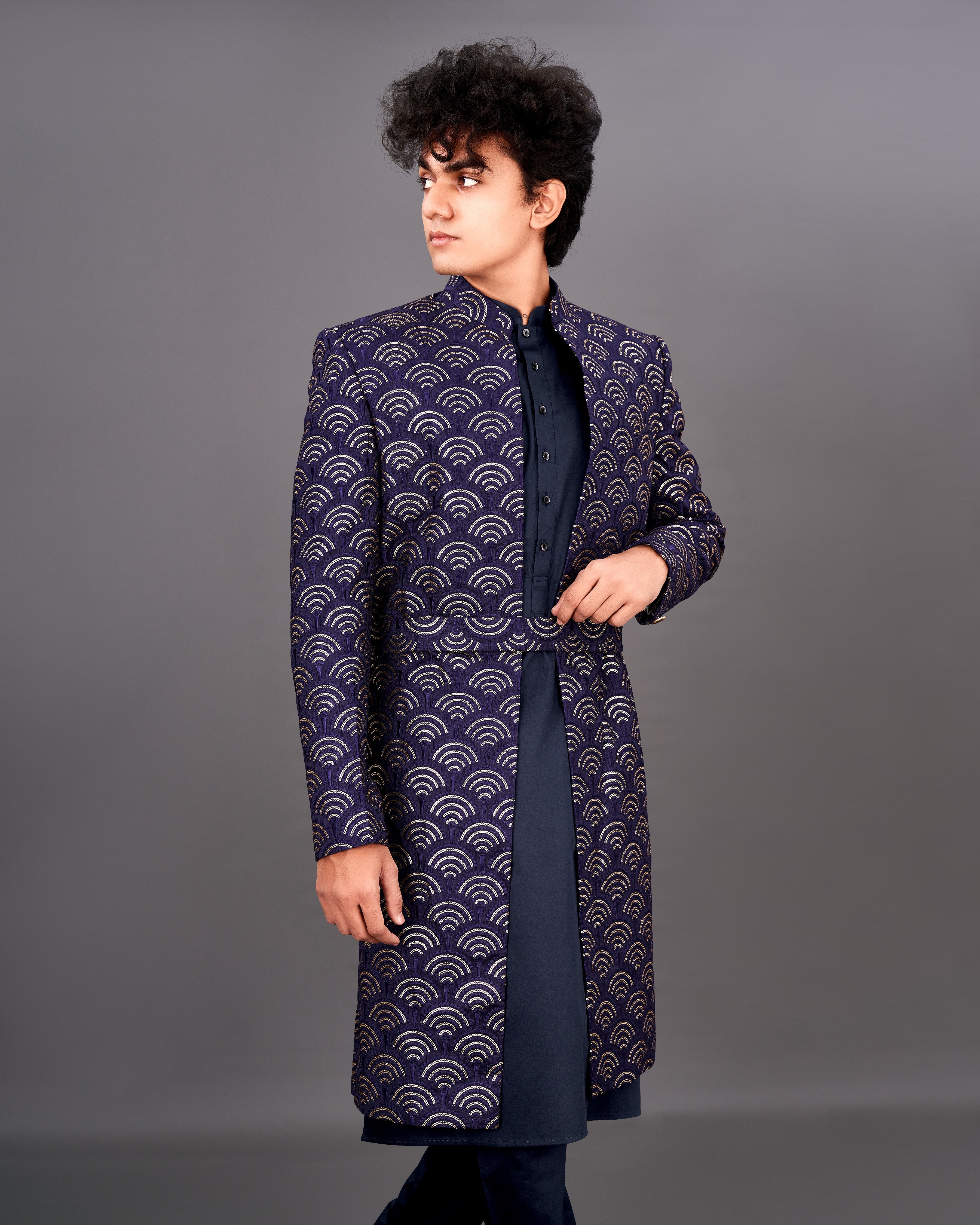 Baltic Sea Blue Sequence Embroidered  Sherwani with Kurta and Pants Set SHR041-SRW29-36, SHR041-SRW29-38, SHR041-SRW29-40, SHR041-SRW29-42, SHR041-SRW29-44, SHR041-SRW29-46, SHR041-SRW29-48, SHR041-SRW29-50, SHR041-SRW29-52, SHR041-SRW29-54, SHR041-SRW29-56, SHR041-SRW29-58, SHR041-SRW29-60
