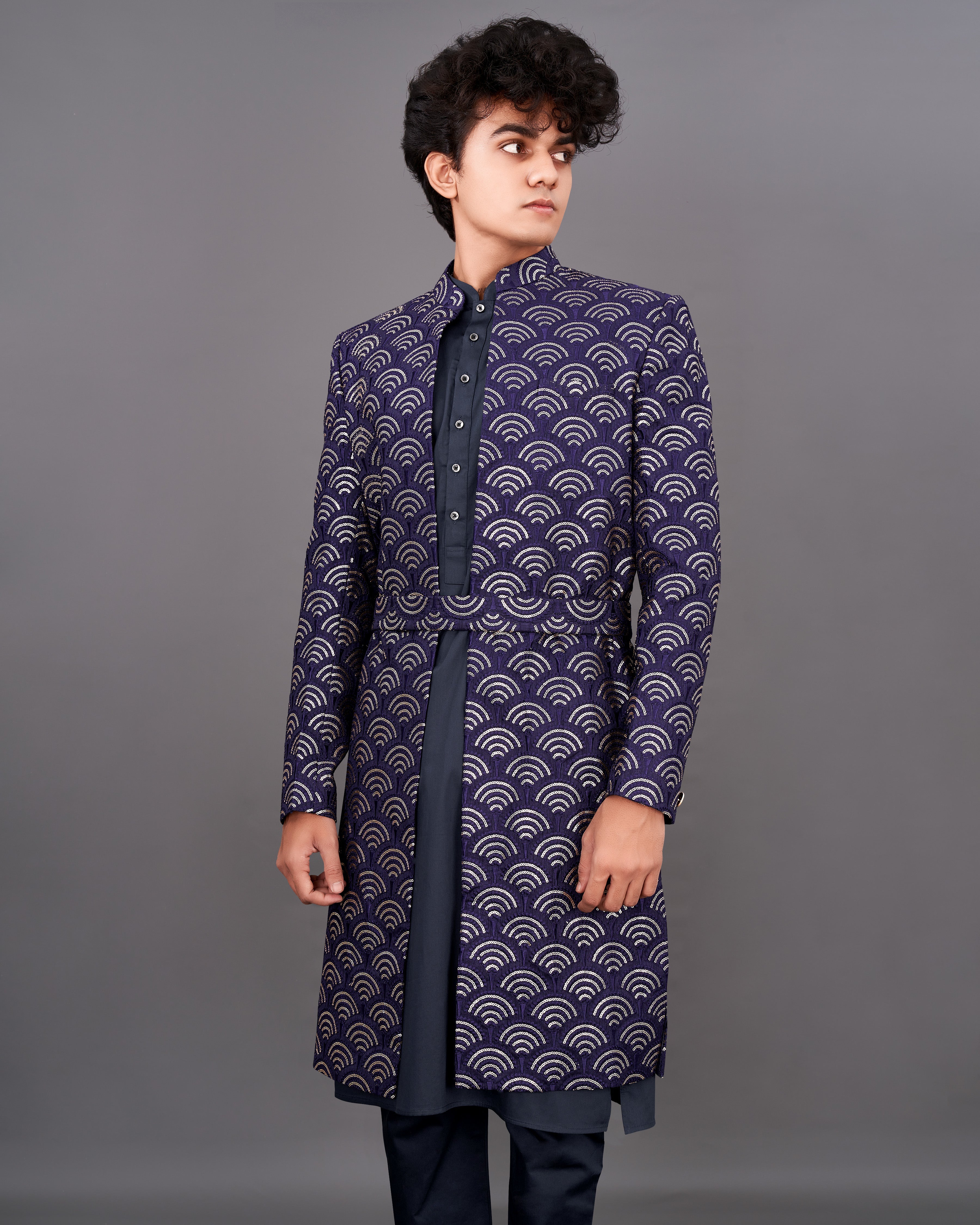 Baltic Sea Blue Sequence Embroidered  Sherwani with Kurta and Pants Set SHR041-SRW29-36, SHR041-SRW29-38, SHR041-SRW29-40, SHR041-SRW29-42, SHR041-SRW29-44, SHR041-SRW29-46, SHR041-SRW29-48, SHR041-SRW29-50, SHR041-SRW29-52, SHR041-SRW29-54, SHR041-SRW29-56, SHR041-SRW29-58, SHR041-SRW29-60