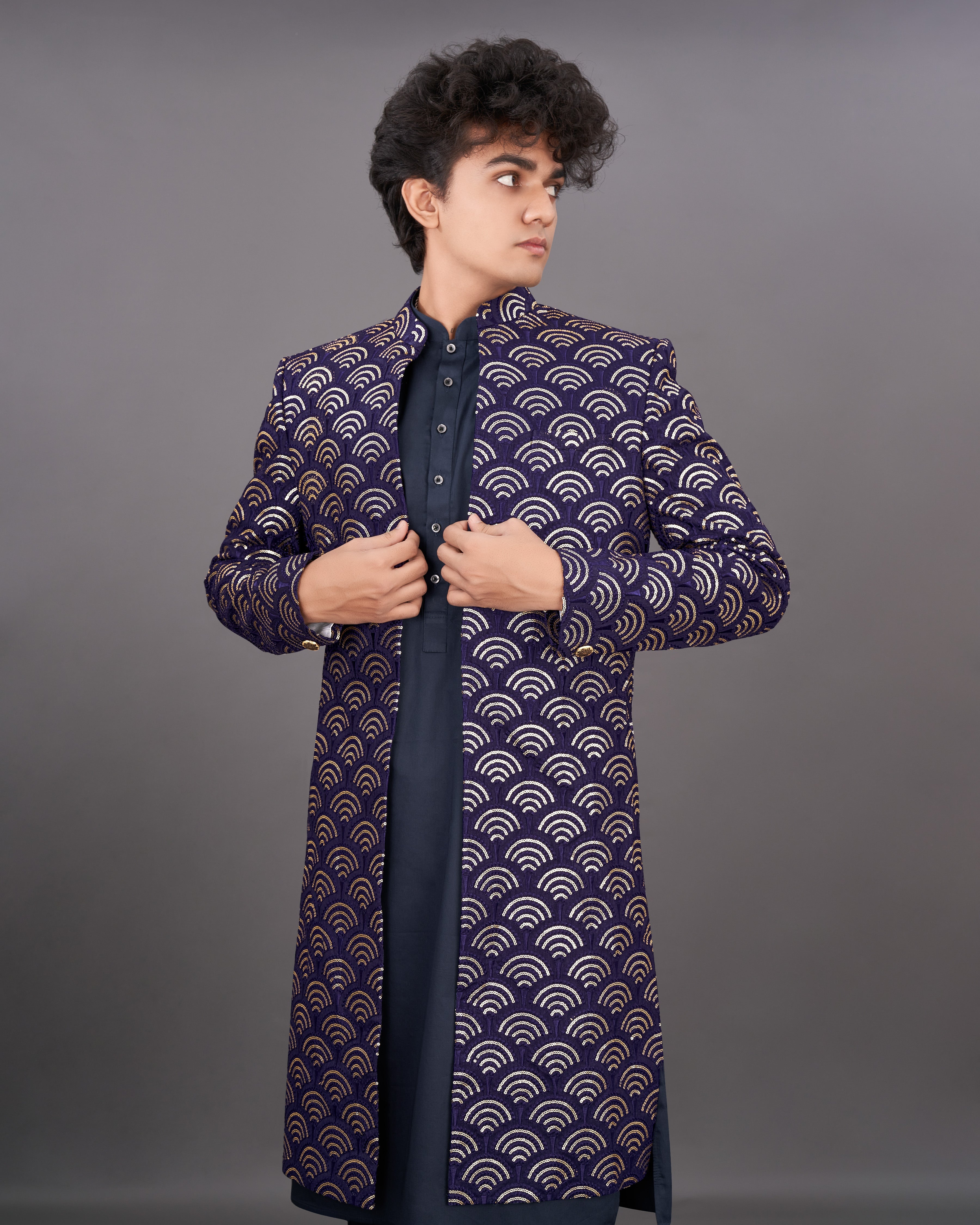 Baltic Sea Blue Sequence Embroidered Sherwani with Kurta and Pants Set SH041-SRW29-36, SH041-SRW29-38, SH041-SRW29-40, SH041-SRW29-42, SH041-SRW29-44, SH041-SRW29-46, SH041-SRW29-48, SH041-SRW29-50, SH041-SRW29-52, SH041-SRW29-54, SH041-SRW29-56, SH041-SRW29-58, SH041-SRW29-60