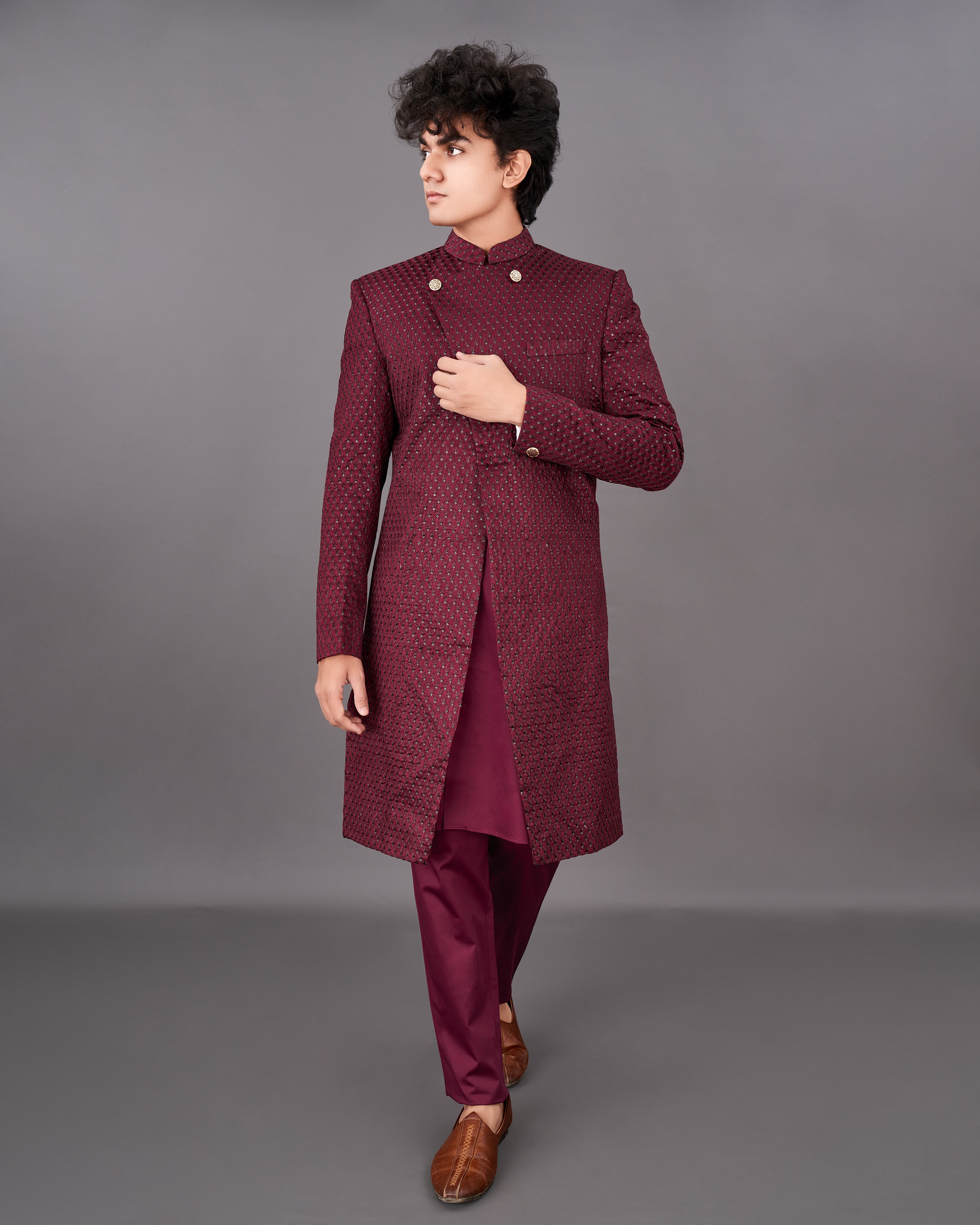 Espresso Maroon and Sequence Embroidered Sherwani with Kurta and Pants Set SH042-SRW21-36, SH042-SRW21-38, SH042-SRW21-40, SH042-SRW21-42, SH042-SRW21-44, SH042-SRW21-46, SH042-SRW21-48, SH042-SRW21-50, SH042-SRW21-52, SH042-SRW21-54, SH042-SRW21-56, SH042-SRW21-58, SH042-SRW21-60