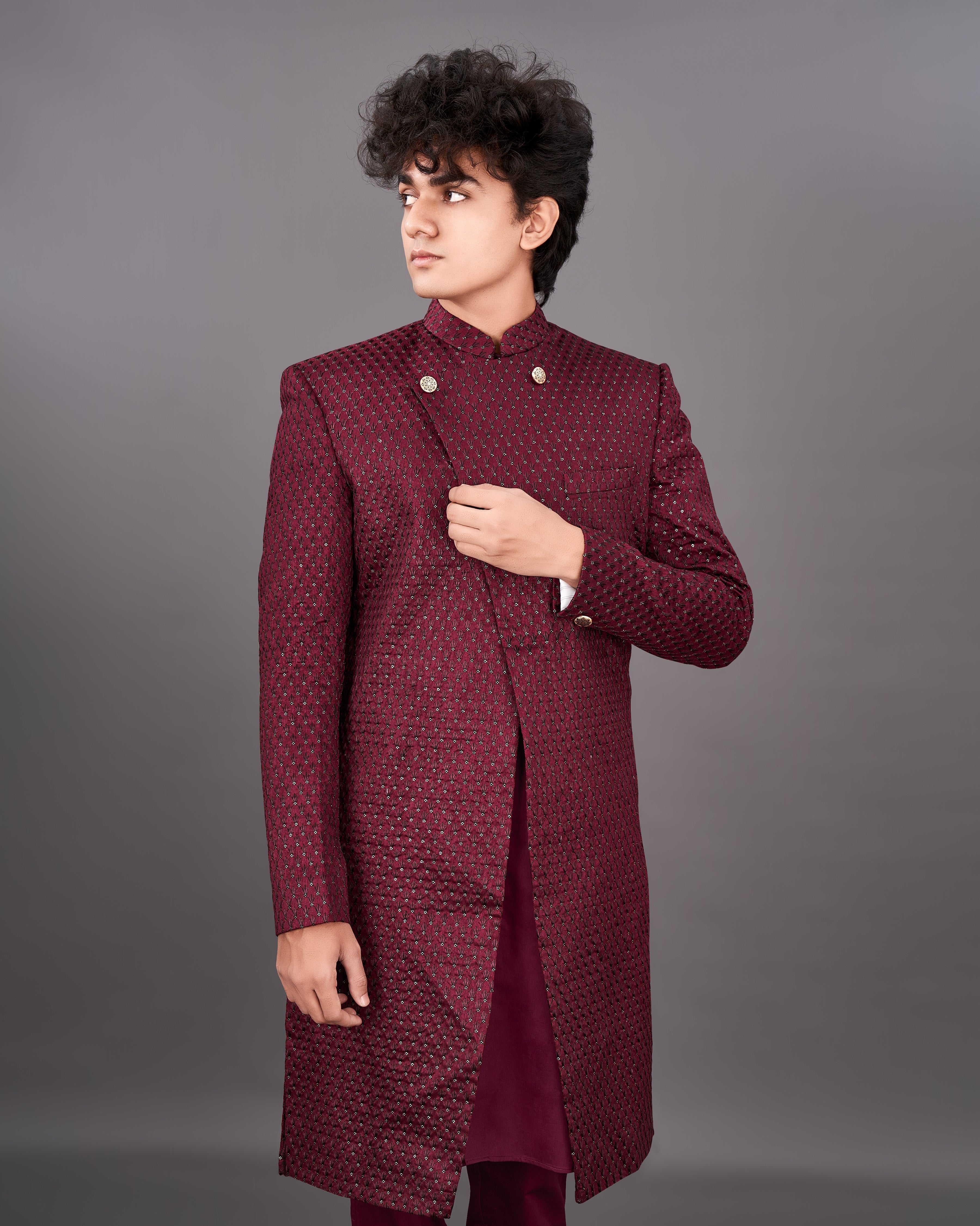 Espresso Maroon and Sequence Embroidered  Sherwani with Kurta and Pants Set SHR042-SRW21-36, SHR042-SRW21-38, SHR042-SRW21-40, SHR042-SRW21-42, SHR042-SRW21-44, SHR042-SRW21-46, SHR042-SRW21-48, SHR042-SRW21-50, SHR042-SRW21-52, SHR042-SRW21-54, SHR042-SRW21-56, SHR042-SRW21-58, SHR042-SRW21-60