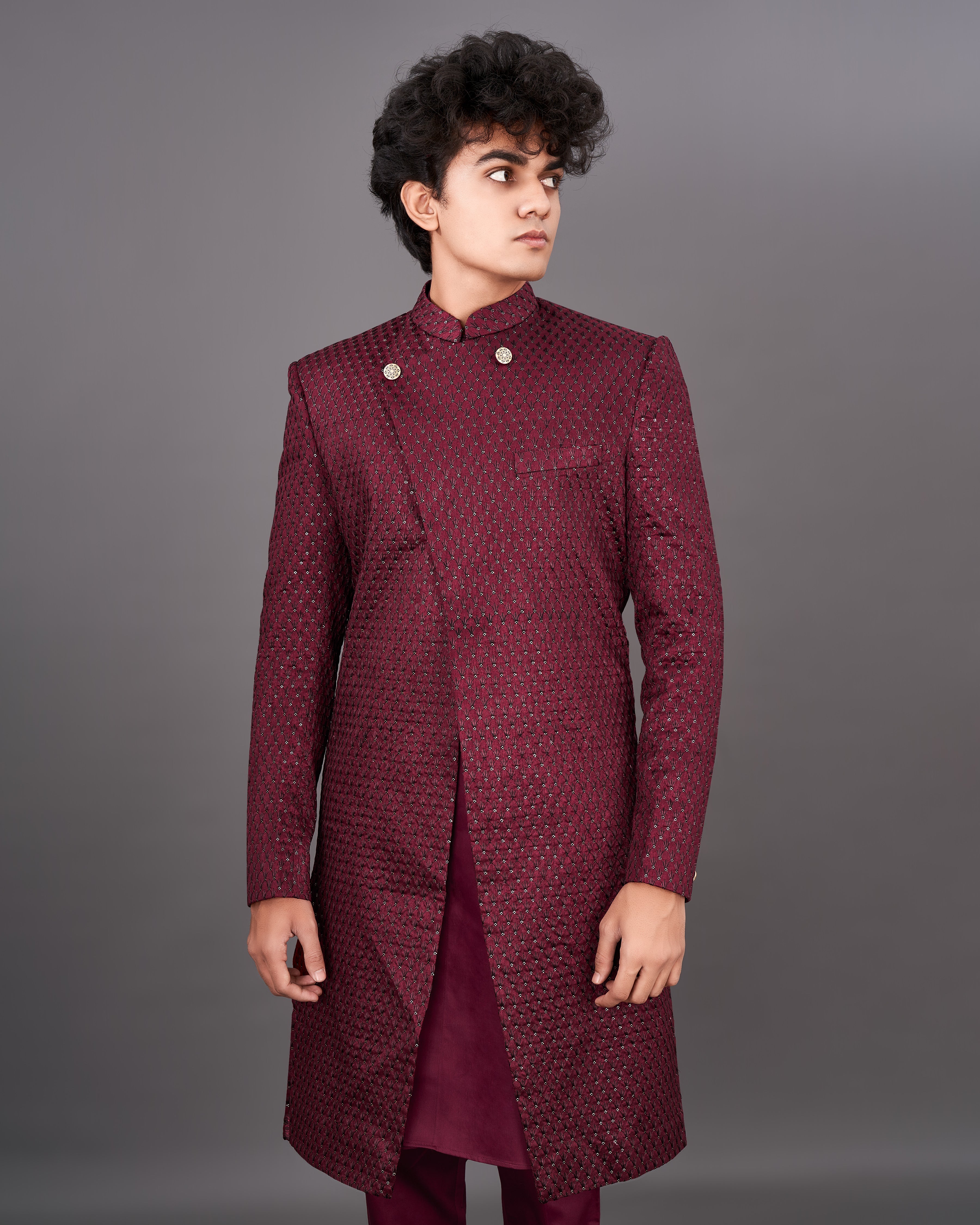 Espresso Maroon and Sequence Embroidered  Sherwani with Kurta and Pants Set SHR042-SRW21-36, SHR042-SRW21-38, SHR042-SRW21-40, SHR042-SRW21-42, SHR042-SRW21-44, SHR042-SRW21-46, SHR042-SRW21-48, SHR042-SRW21-50, SHR042-SRW21-52, SHR042-SRW21-54, SHR042-SRW21-56, SHR042-SRW21-58, SHR042-SRW21-60