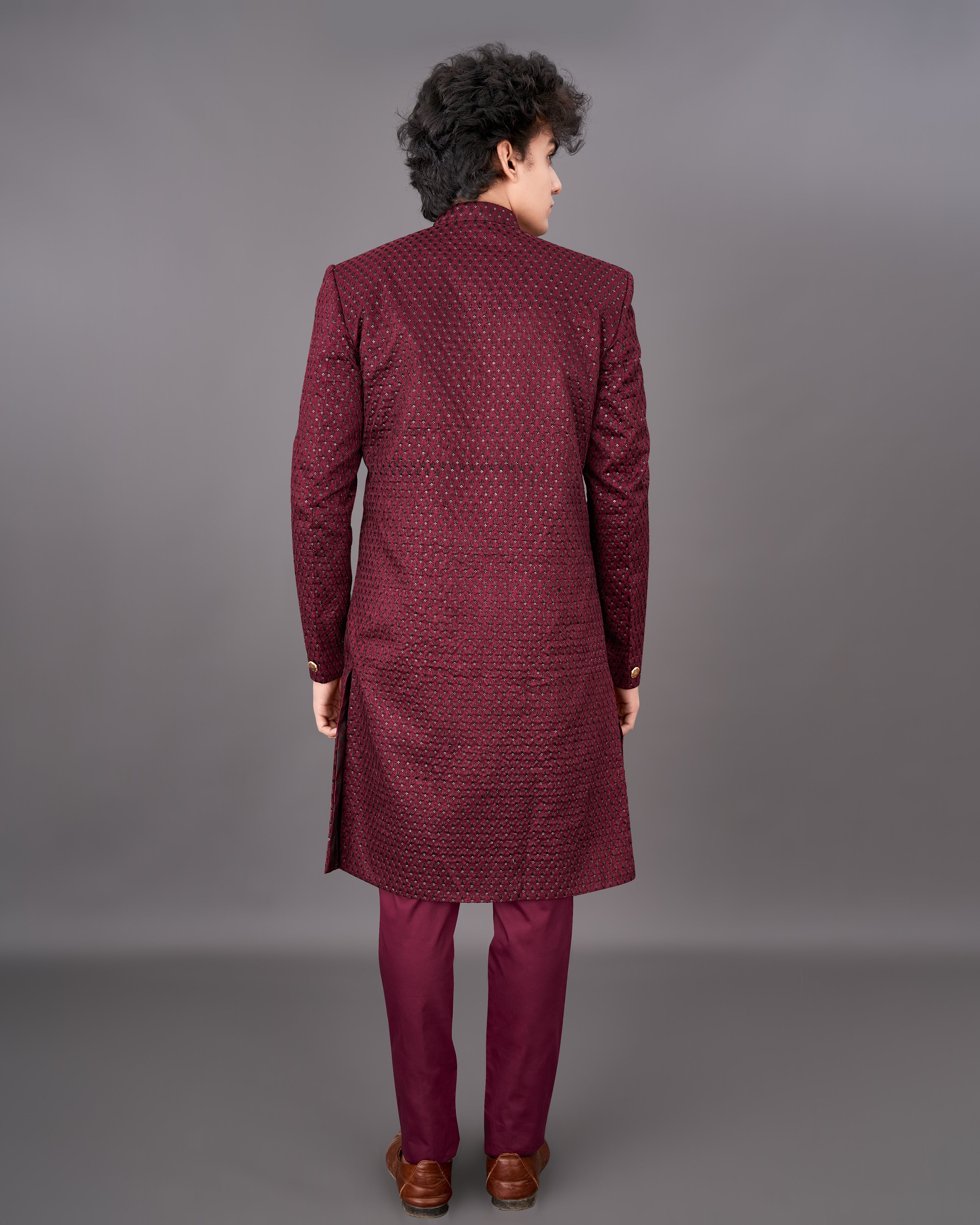 Espresso Maroon and Sequence Embroidered Sherwani with Kurta and Pants Set SH042-SRW21-36, SH042-SRW21-38, SH042-SRW21-40, SH042-SRW21-42, SH042-SRW21-44, SH042-SRW21-46, SH042-SRW21-48, SH042-SRW21-50, SH042-SRW21-52, SH042-SRW21-54, SH042-SRW21-56, SH042-SRW21-58, SH042-SRW21-60