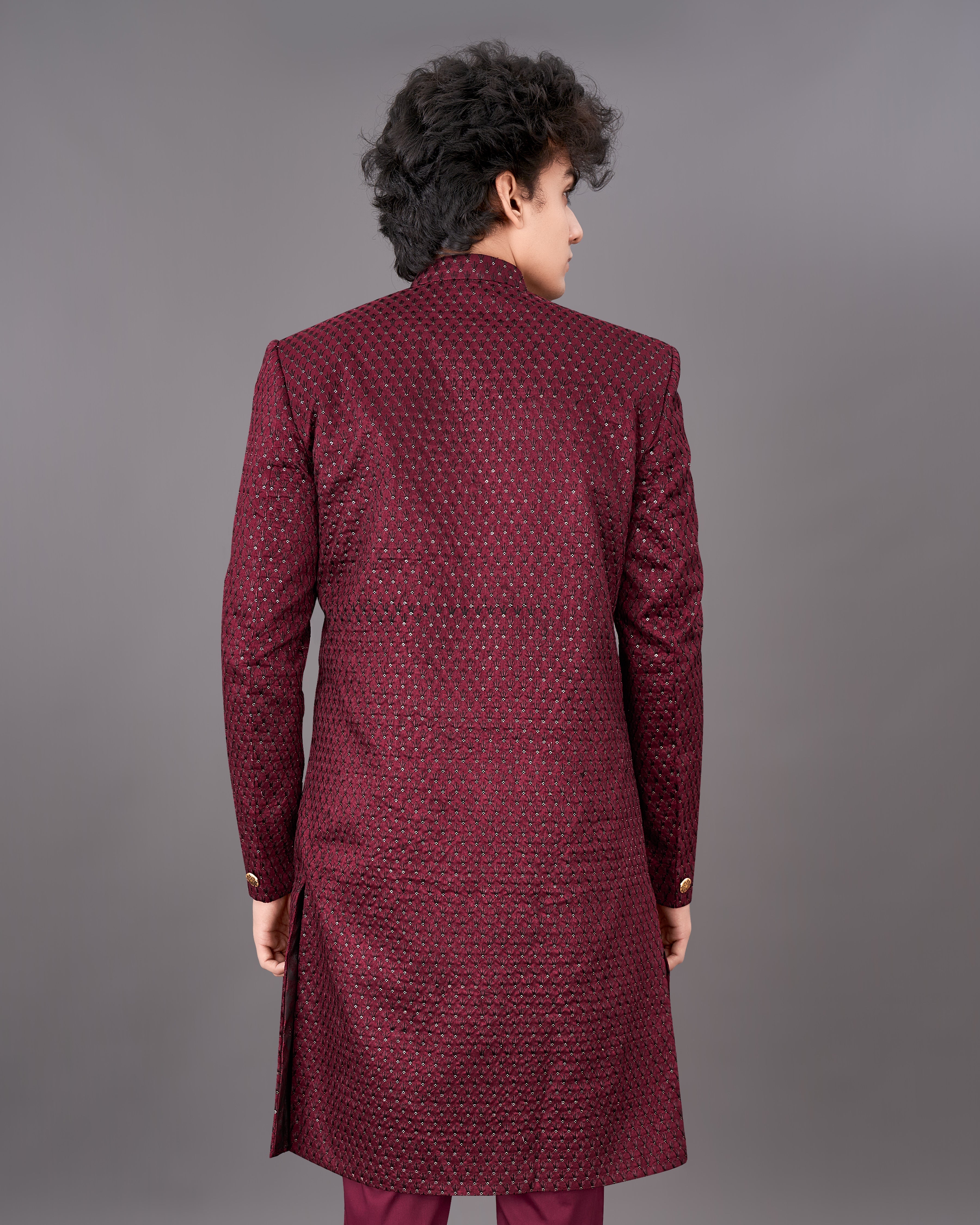 Espresso Maroon and Sequence Embroidered  Sherwani with Kurta and Pants Set SHR042-SRW21-36, SHR042-SRW21-38, SHR042-SRW21-40, SHR042-SRW21-42, SHR042-SRW21-44, SHR042-SRW21-46, SHR042-SRW21-48, SHR042-SRW21-50, SHR042-SRW21-52, SHR042-SRW21-54, SHR042-SRW21-56, SHR042-SRW21-58, SHR042-SRW21-60