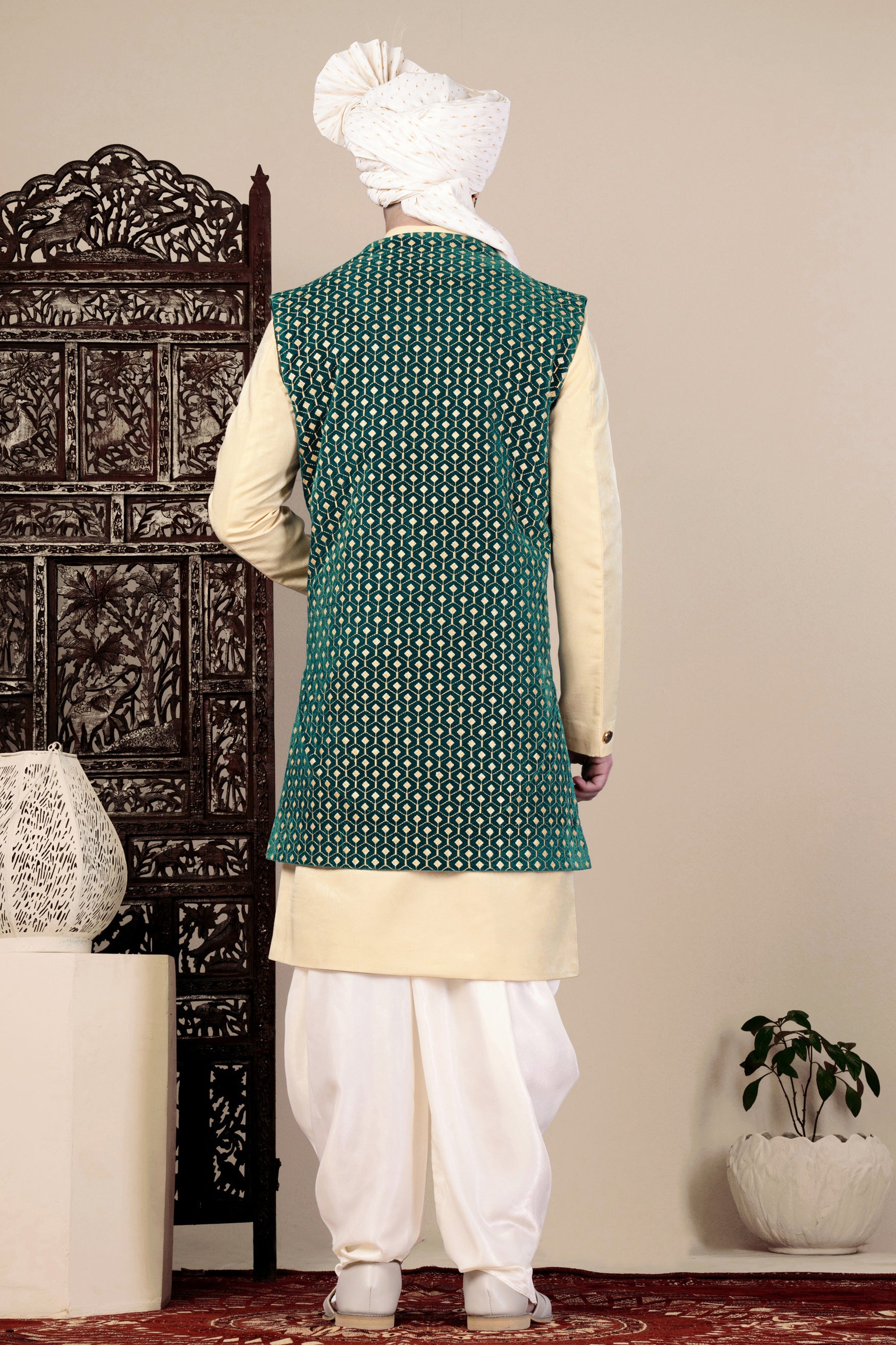Sherpa Green and Givry Cream Hexagon Thread and Sequin Embroidered Indo-Western Set