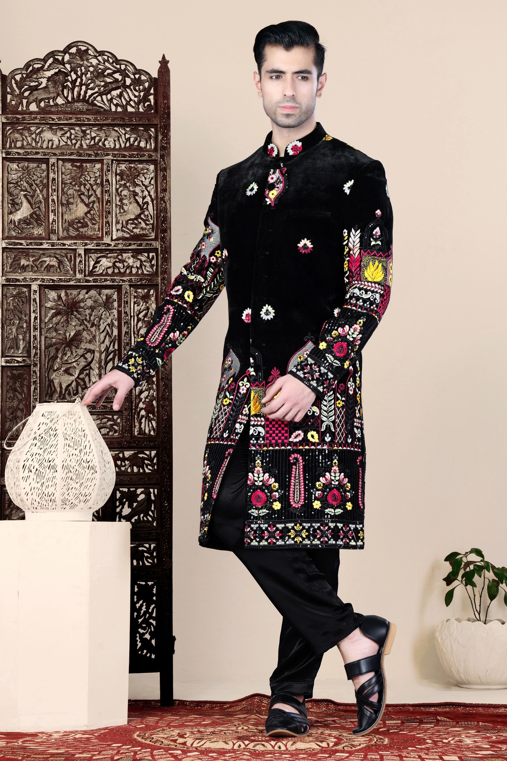 Jade Black and Crimson Pink Multicolour Floral Thread Embroidered Indo-Western Set