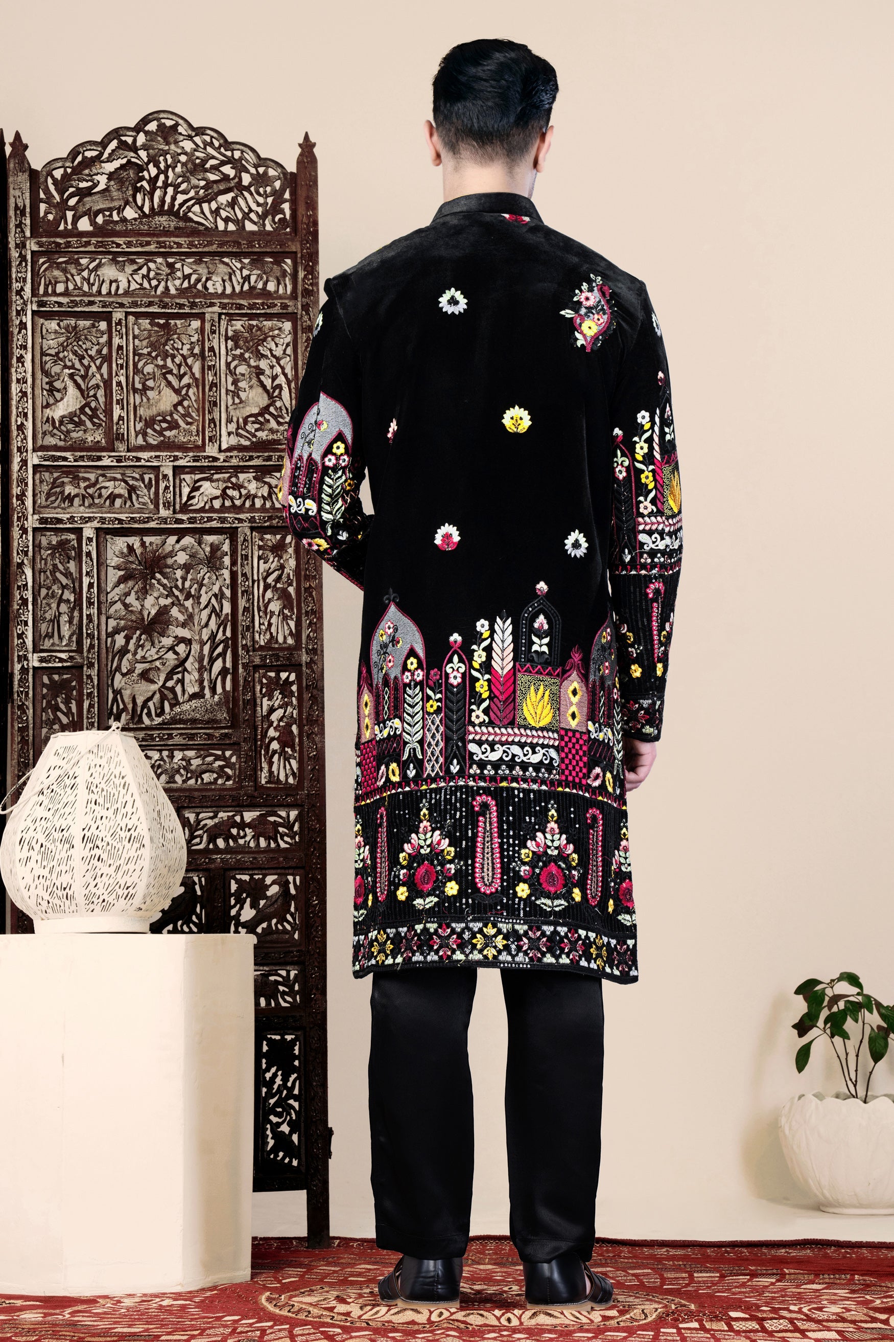 Jade Black and Crimson Pink Multicolour Floral Thread Embroidered Indo-Western Set