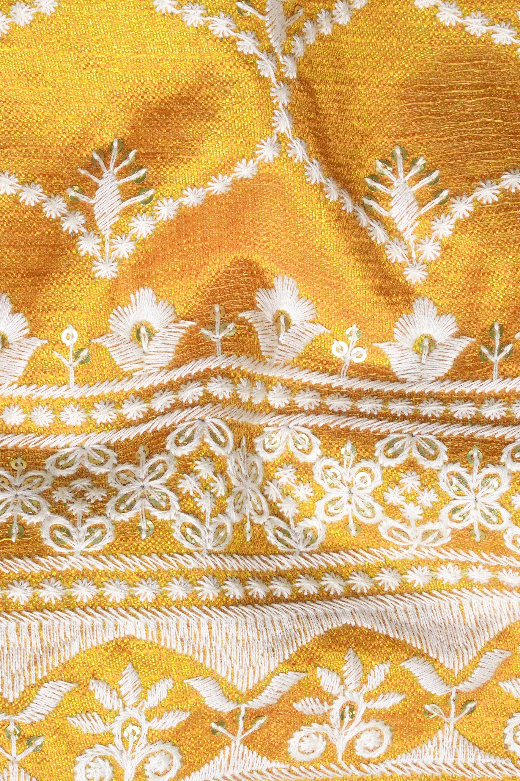 Bright White and Macaroni Yellow Ogee Thread and Sequin Embroidered Indo-Western Set