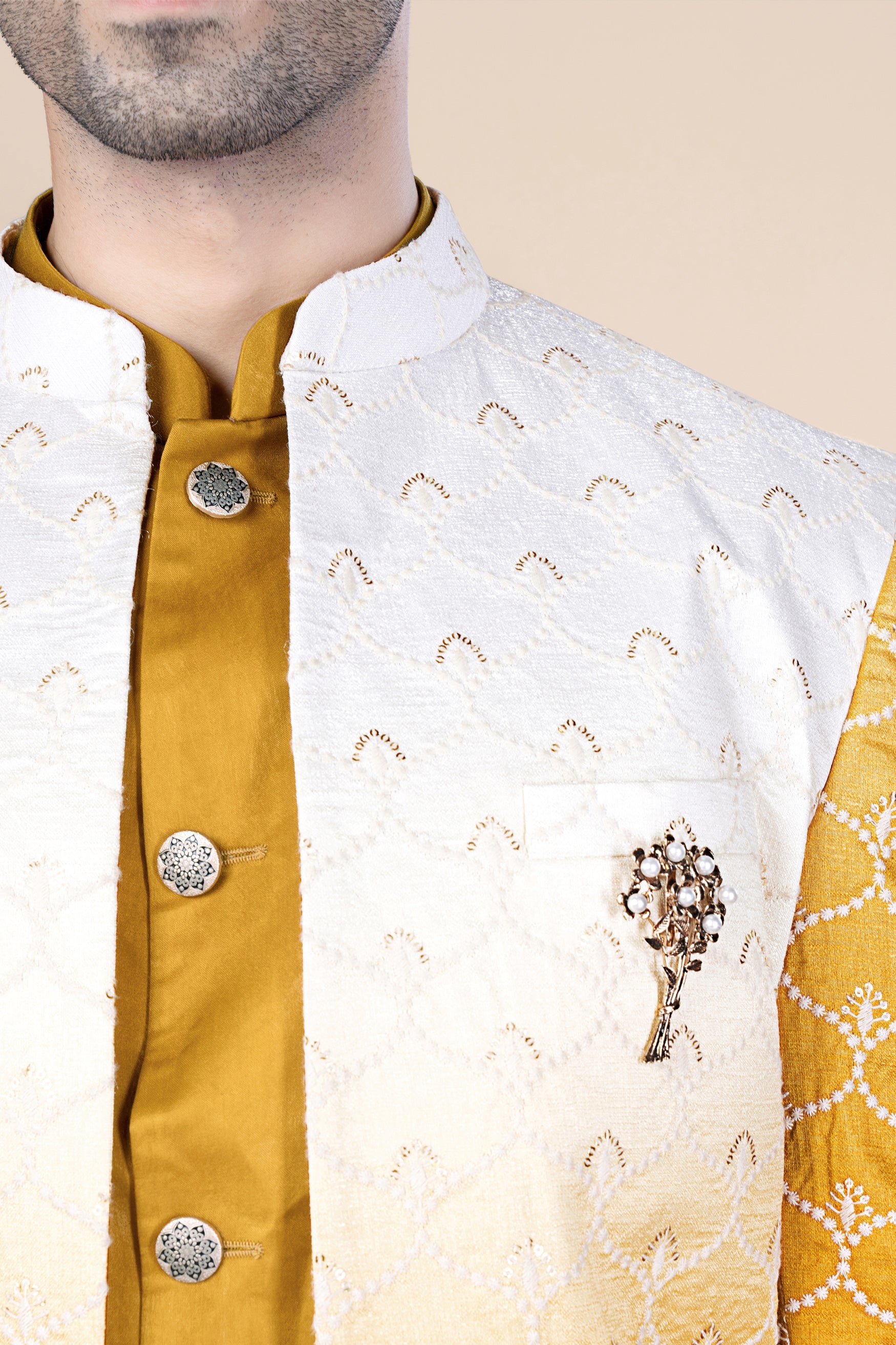 Bright White and Macaroni Yellow Ogee Thread and Sequin Embroidered Indo-Western Set