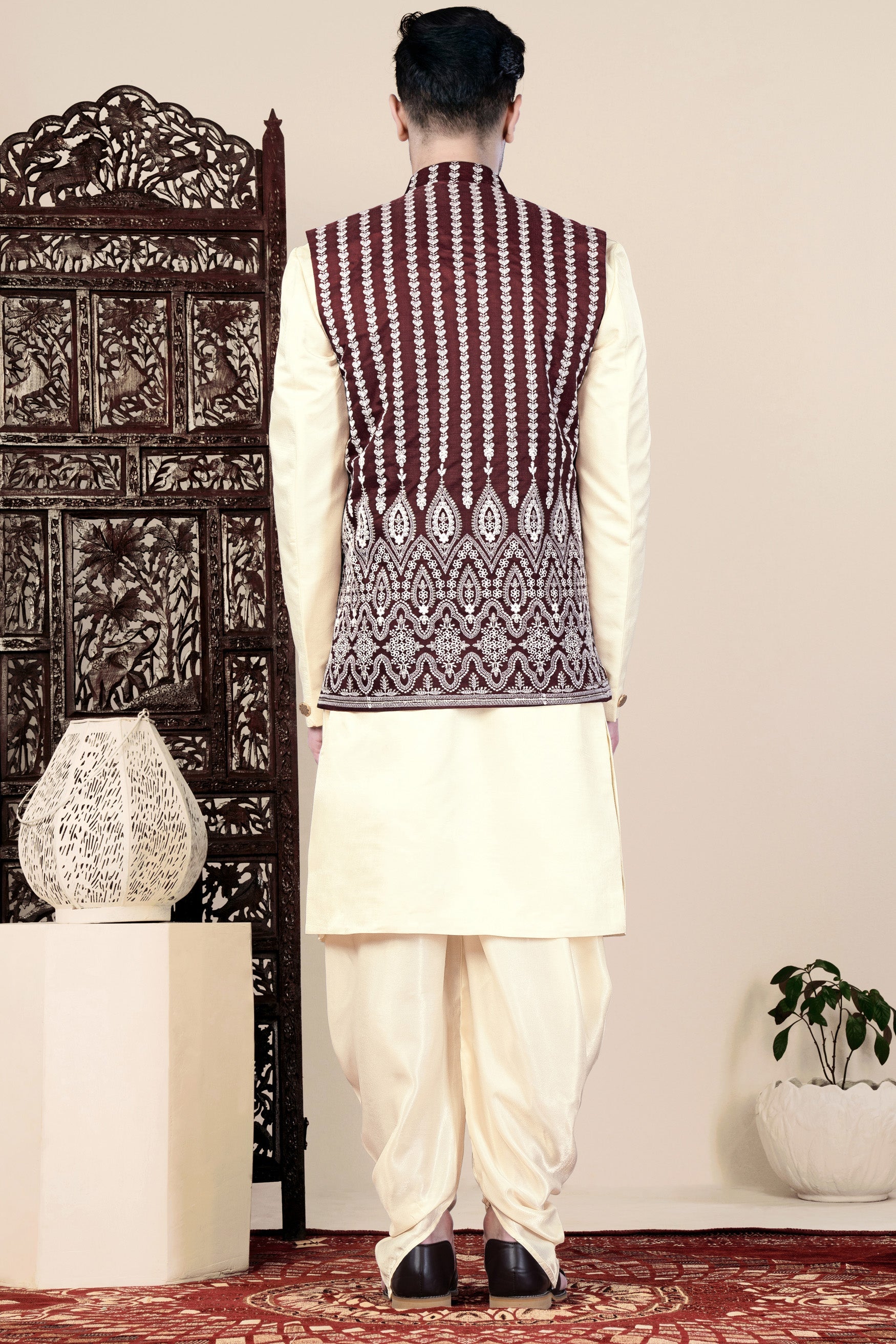 Irish Maroon and Cream Thread Embroidered Indo-Western Set with Koti