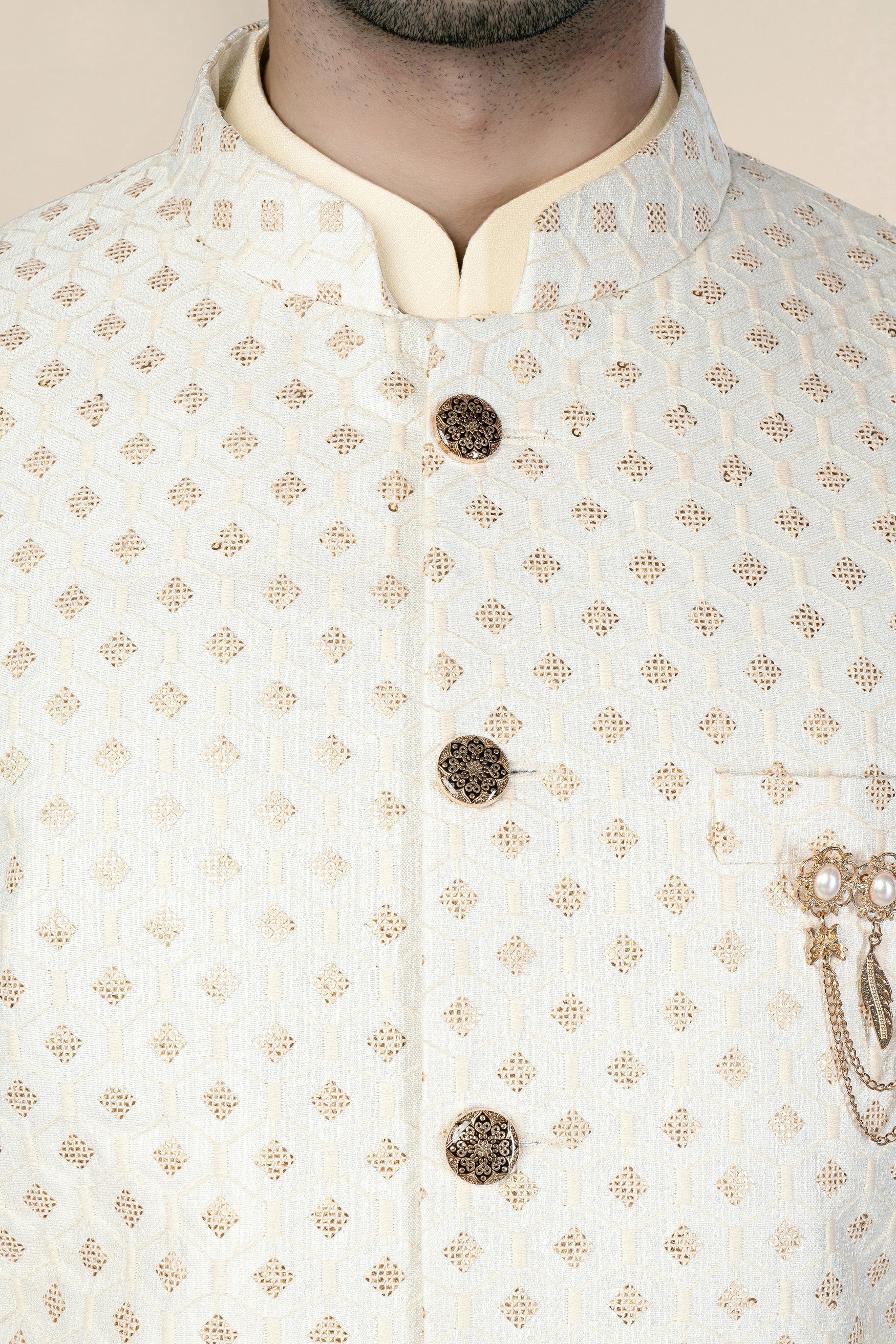 Periglacial Cream Hexagon Thread and Sequin Embroidered Jodhpuri Set