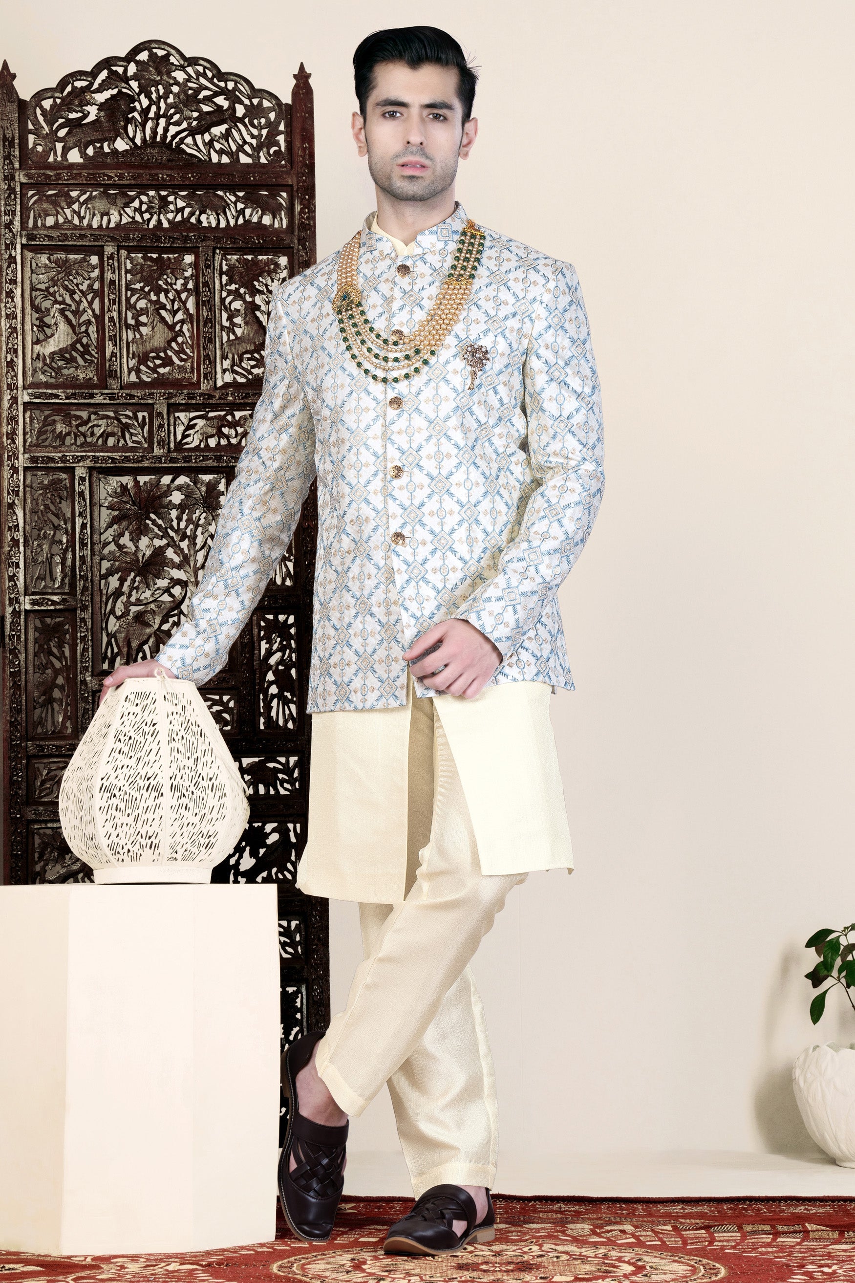 Sand Cream and Glacier Blue Geometric Thread Embroidered Jodhpuri Set