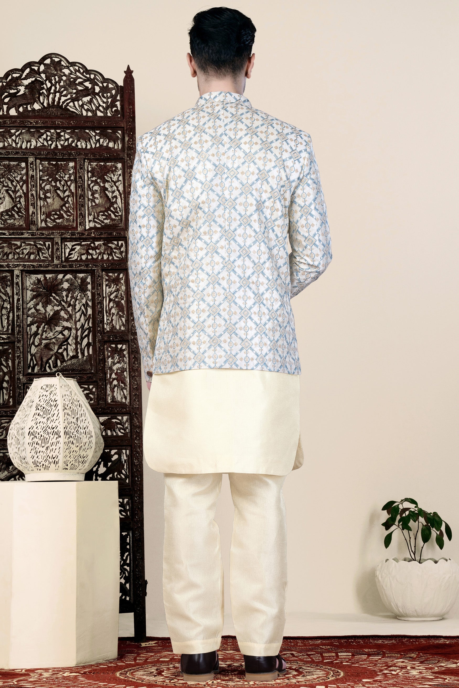 Sand Cream and Glacier Blue Geometric Thread Embroidered Jodhpuri Set