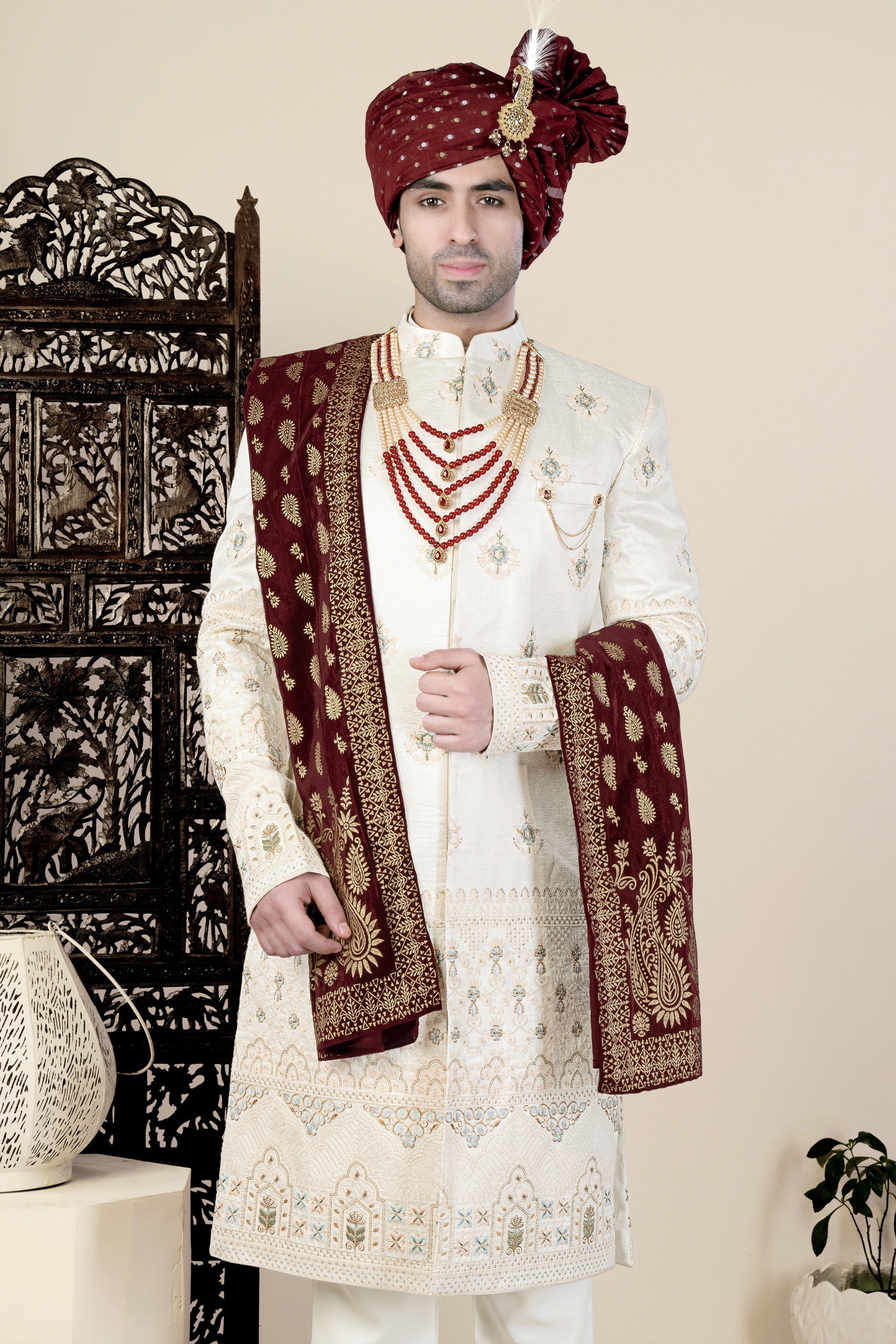 Eggshell Cream and Casper Blue Floral Thread and Sequin Embroidered Indo-Western Sherwani Set