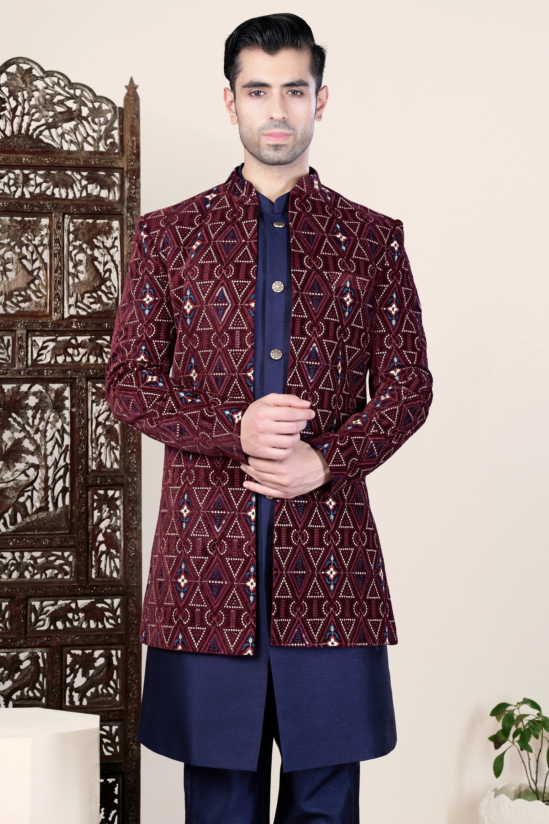Castro Maroon and Peach Geometric Thread and Sequin Embroidered Indo-Western Set