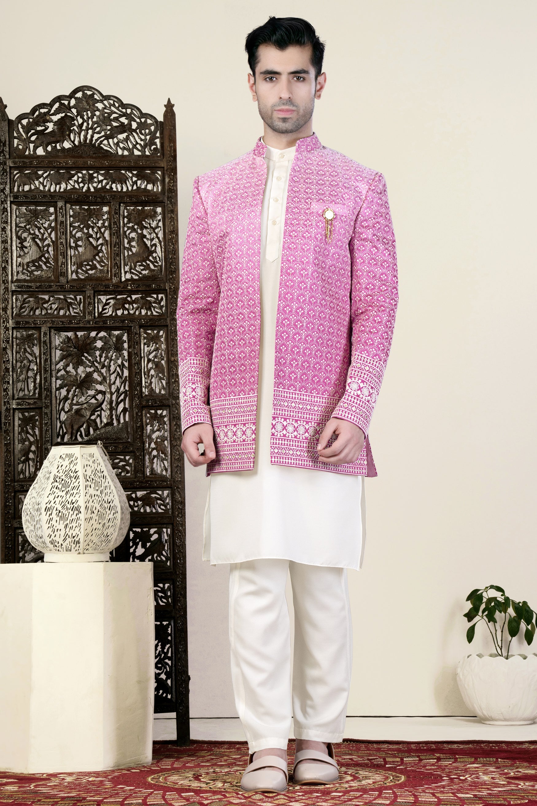 Bashful Pink and White Thread Embroidered Indo-Western Set