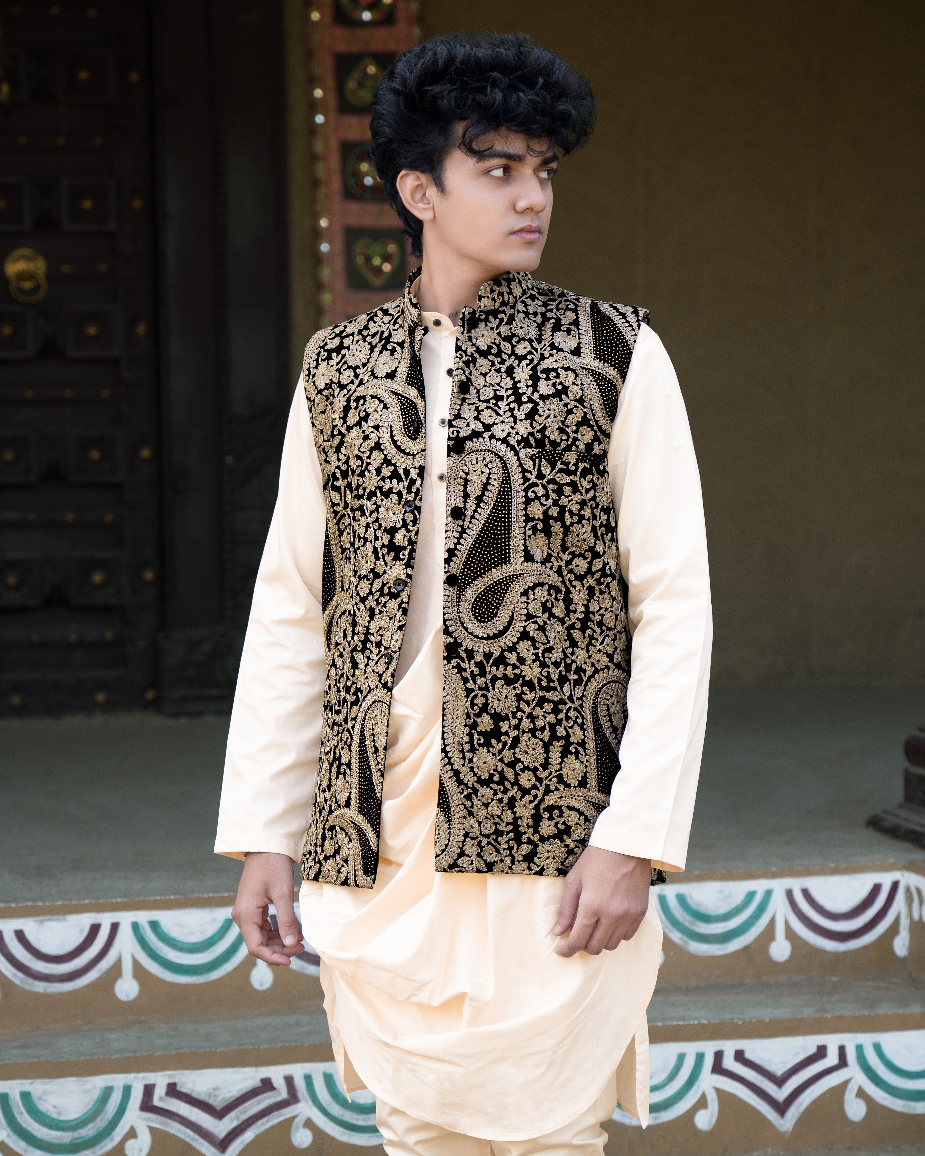 Albescent Beige Velvet Tikki Work with Cotton Embroidered Thread Work Badhgala Sherwani